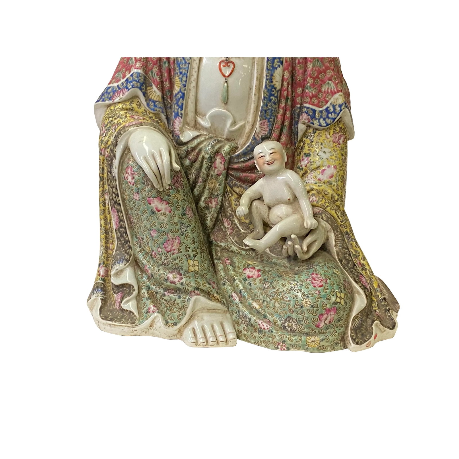Vintage Chinese Fujian Multi Color Porcelain Kwan Yin W Kid Statue - 8