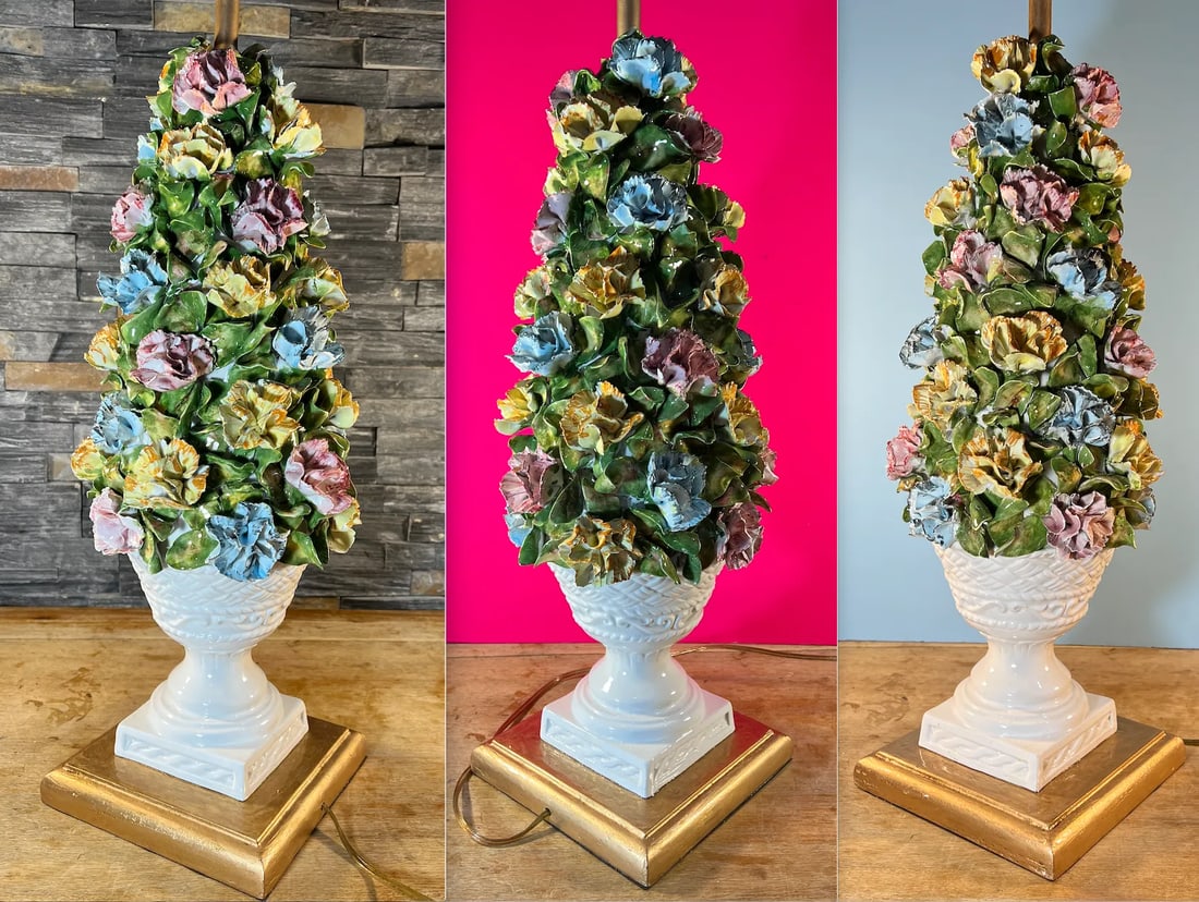 Mid-Century Capodimonte Porcelain Carnation Topiary Table Lamp - 4