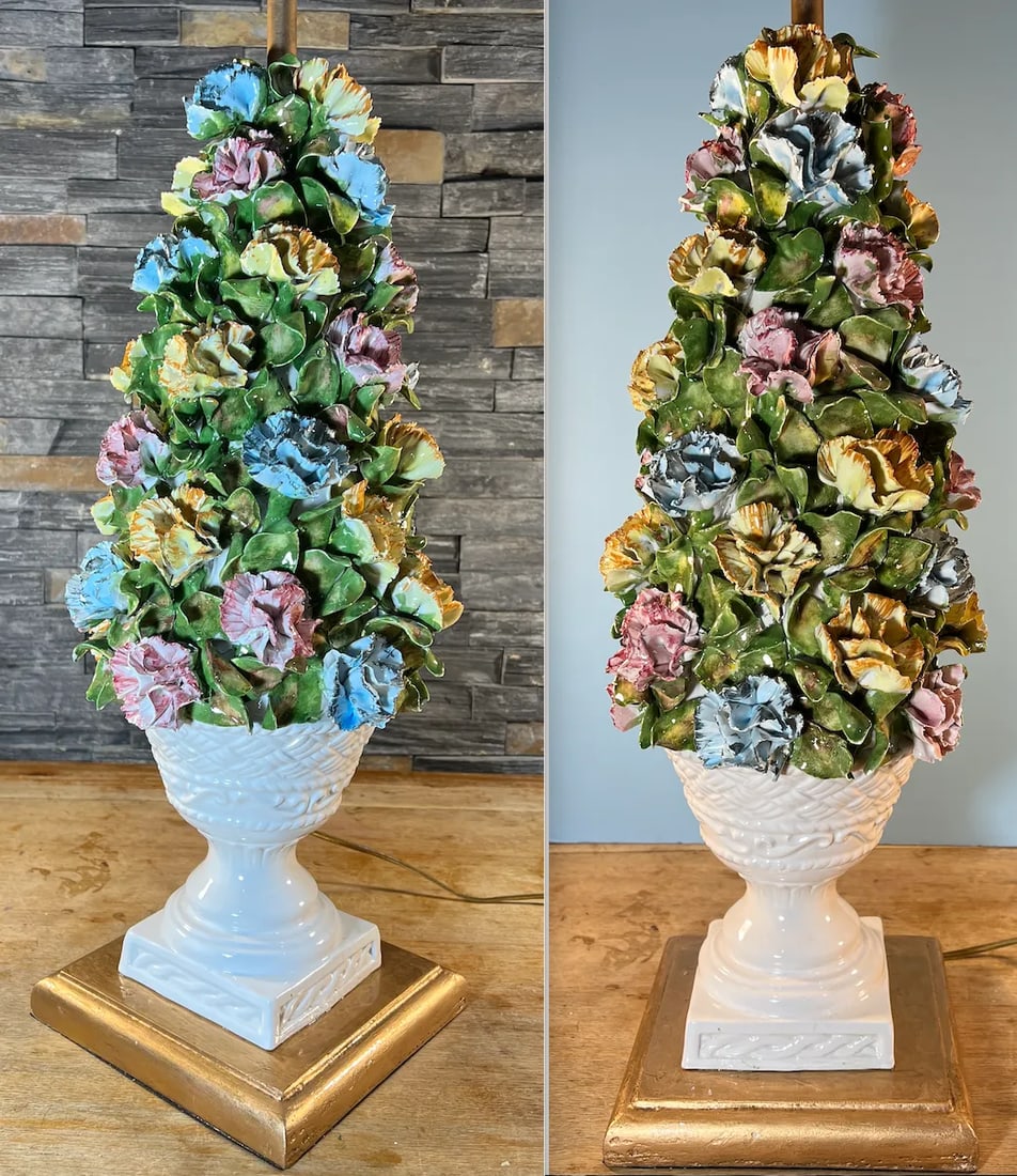 Mid-Century Capodimonte Porcelain Carnation Topiary Table Lamp - 6
