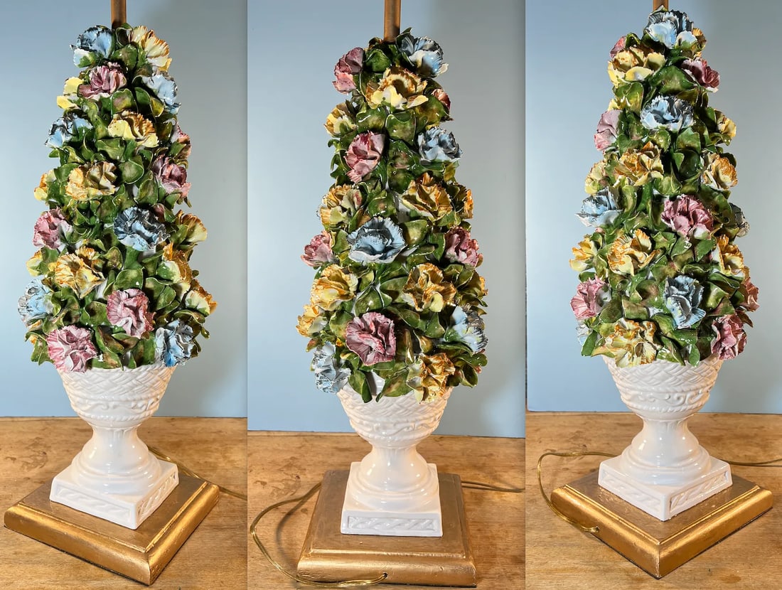 Mid-Century Capodimonte Porcelain Carnation Topiary Table Lamp - 8