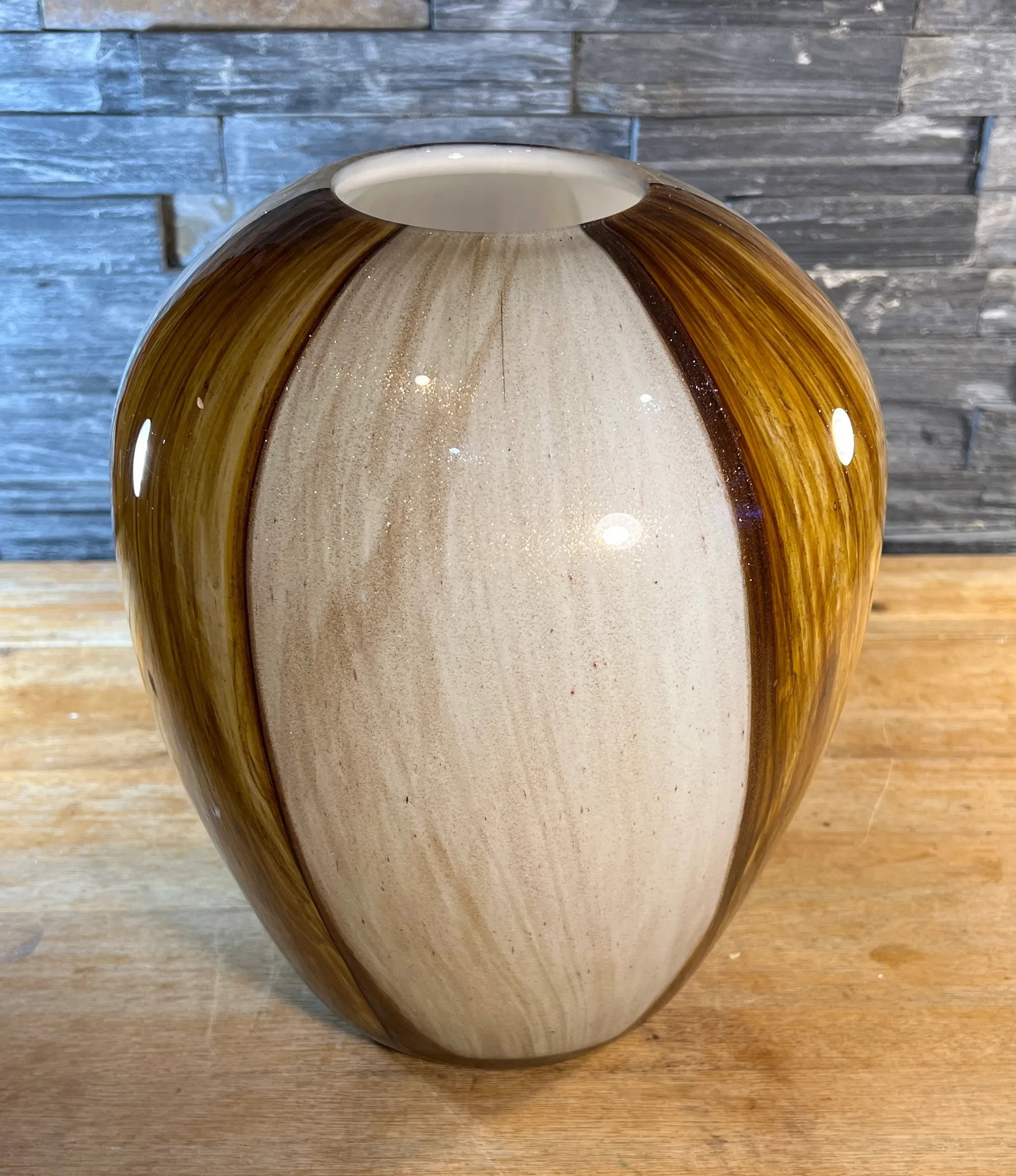 Large Ovoid Aventurine Yellow Amber White Art Glass Vase - 4