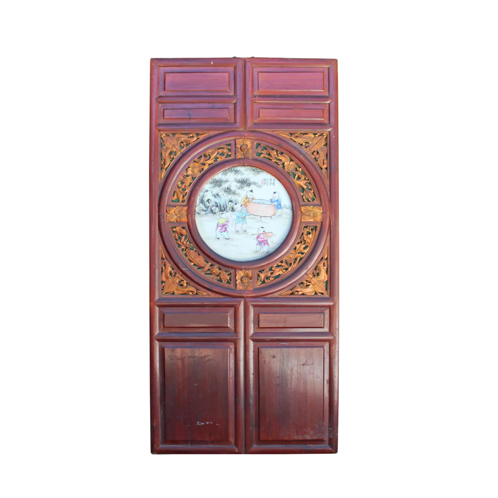 Chinese Vintage Round Porcelain Scenery Wood Wall Panel Art: This is a vintage wooden wall decor panel screen with a brown stain finish. It has precise relief carving motif surrounding the round shape porcelain inset at the center. It is a charm wall decoration