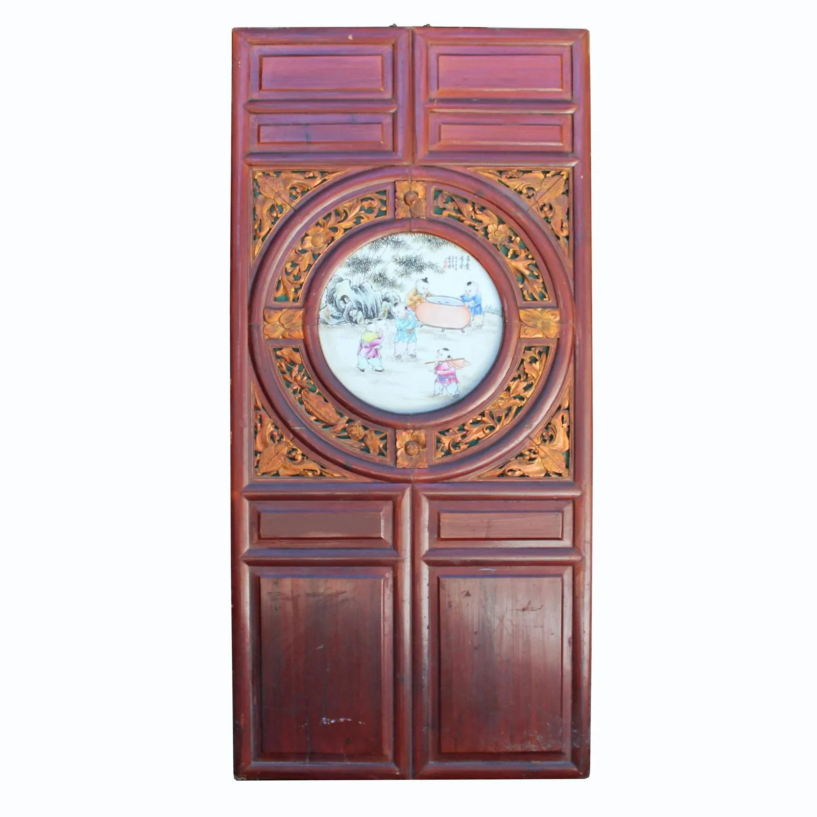 Chinese Vintage Round Porcelain Scenery Wood Wall Panel Art - 4