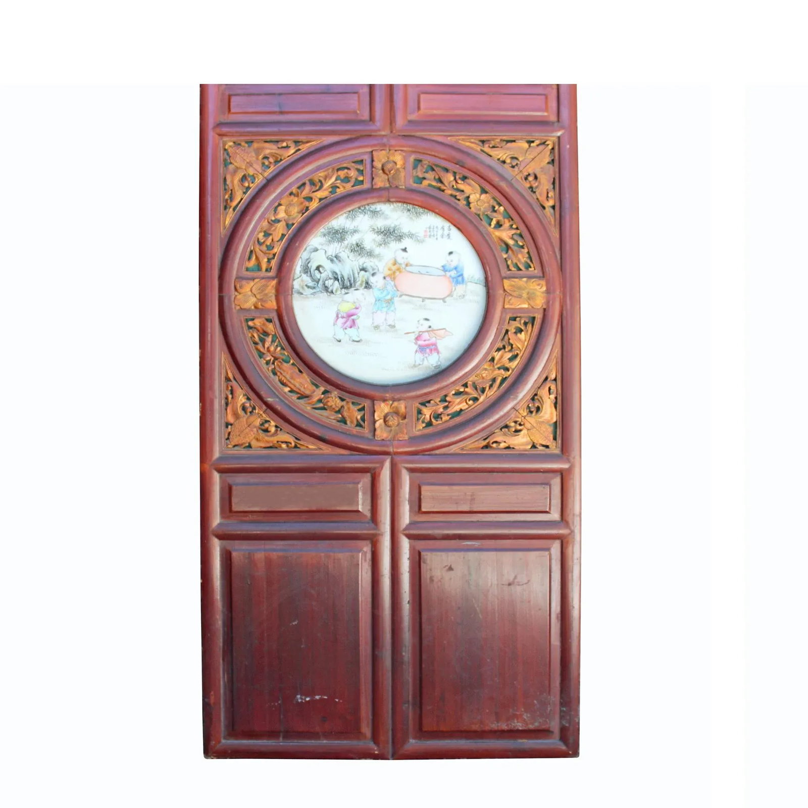 Chinese Vintage Round Porcelain Scenery Wood Wall Panel Art - 5