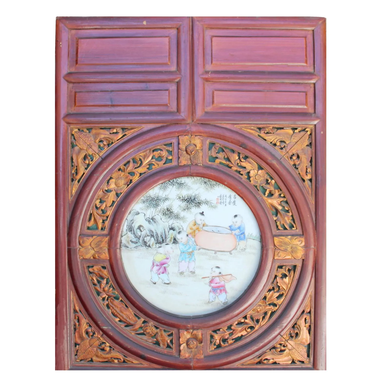 Chinese Vintage Round Porcelain Scenery Wood Wall Panel Art - 6