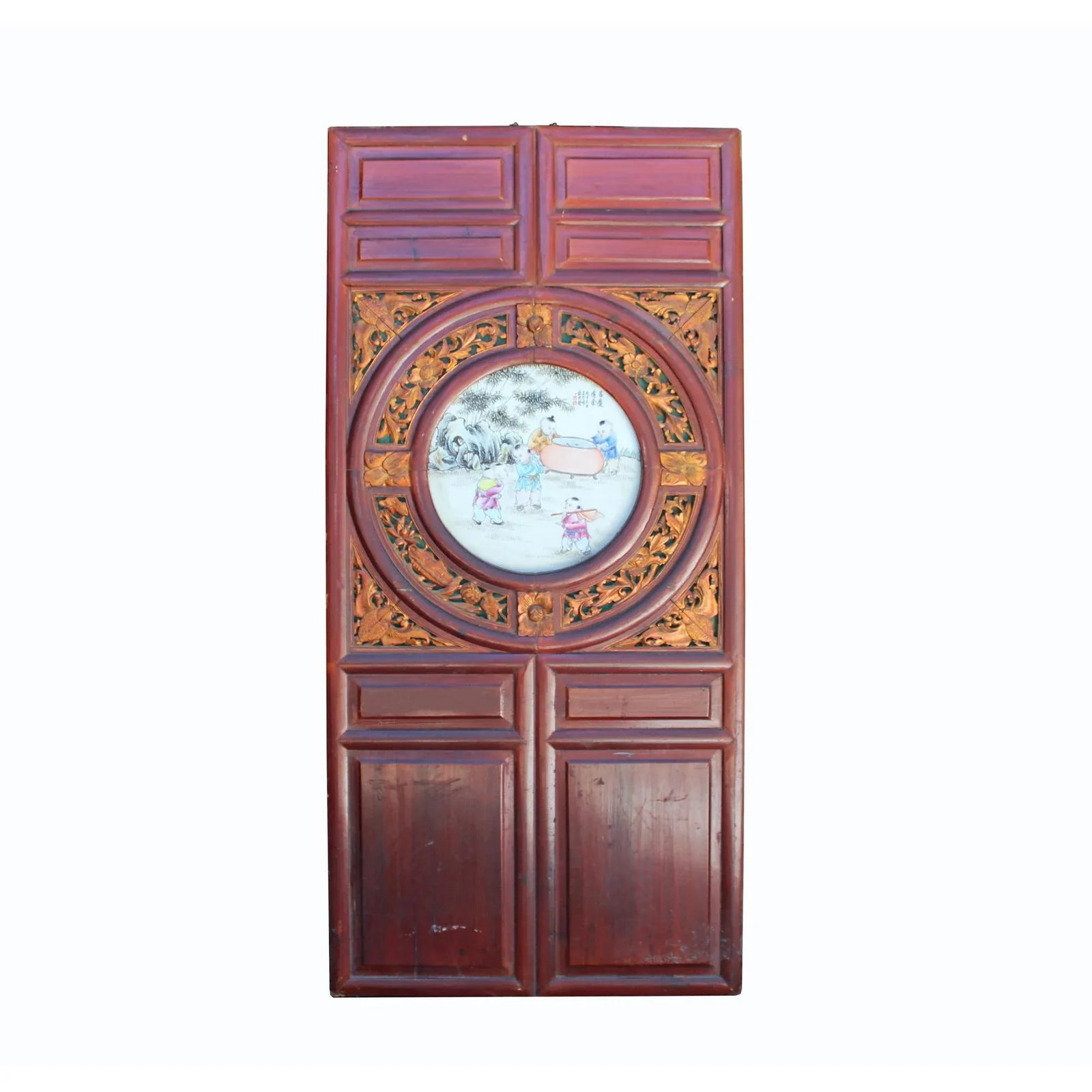 Chinese Vintage Round Porcelain Scenery Wood Wall Panel Art - 7