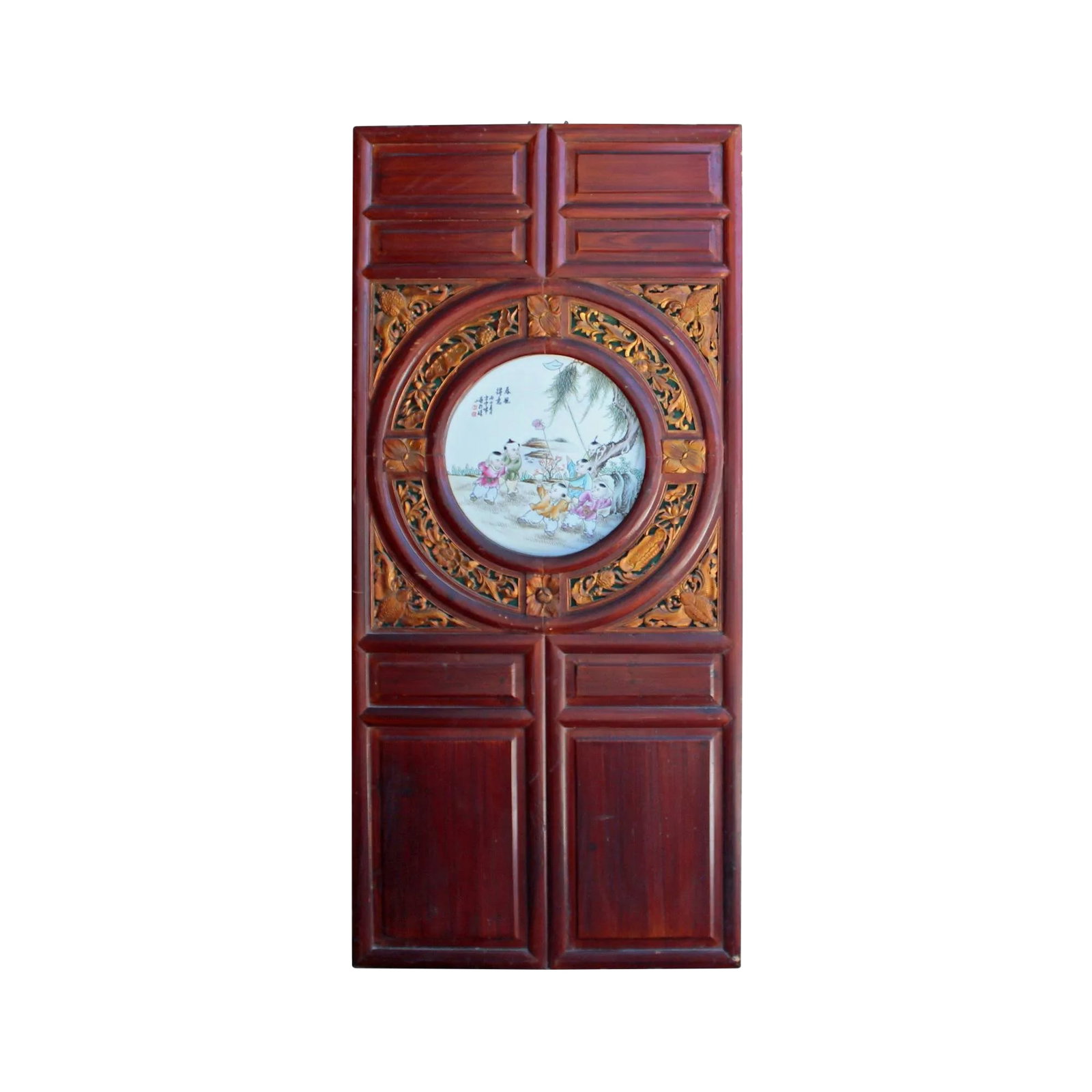 Chinese Vintage Round Porcelain Scenery Wood Wall Panel Art: This is a vintage wooden wall decor panel screen with a brown stain finish. It has precise relief carving motif surrounding the round shape porcelain inset at the center. It is a charm wall