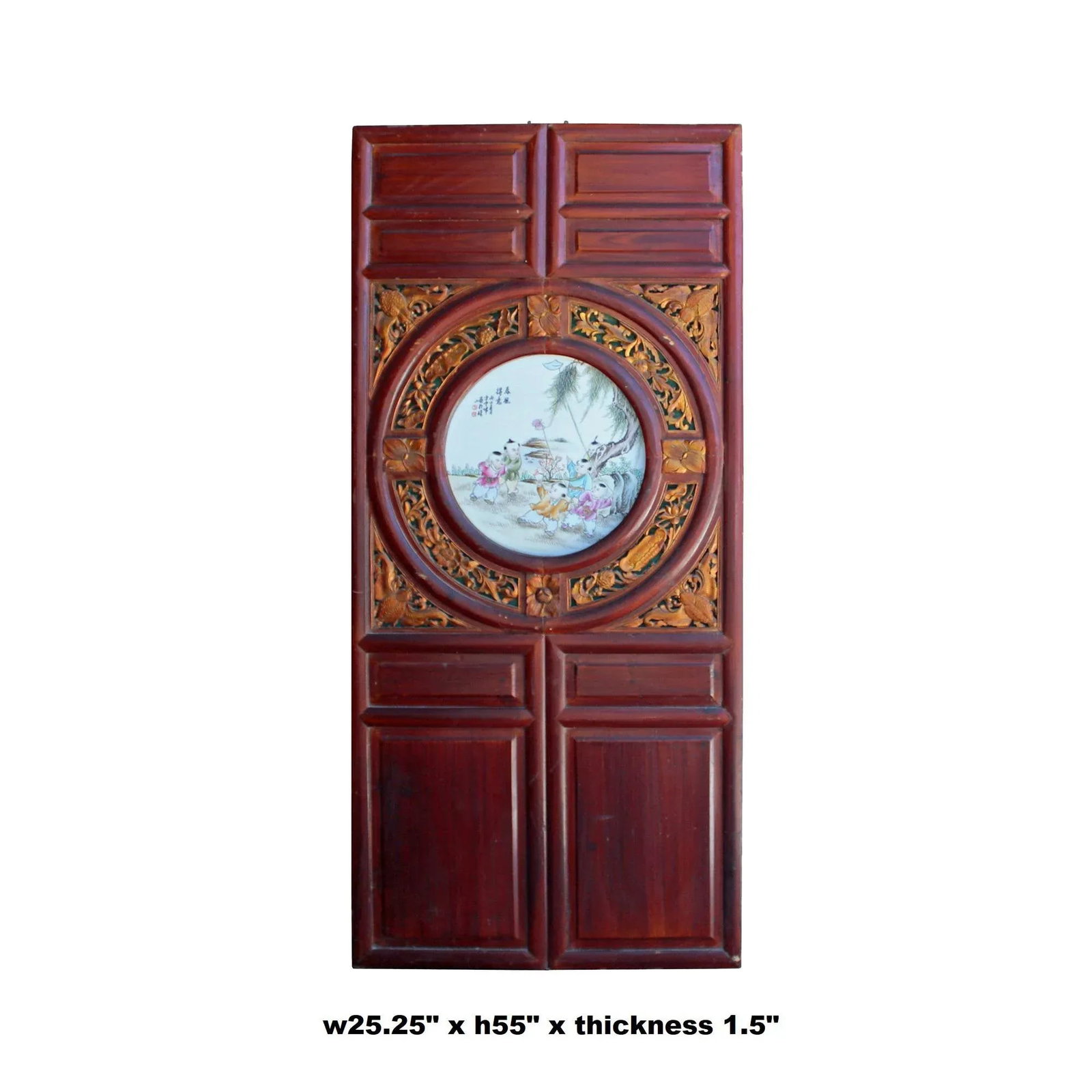 Chinese Vintage Round Porcelain Scenery Wood Wall Panel Art - 2