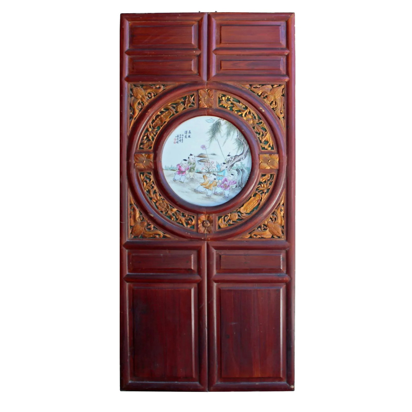 Chinese Vintage Round Porcelain Scenery Wood Wall Panel Art - 5