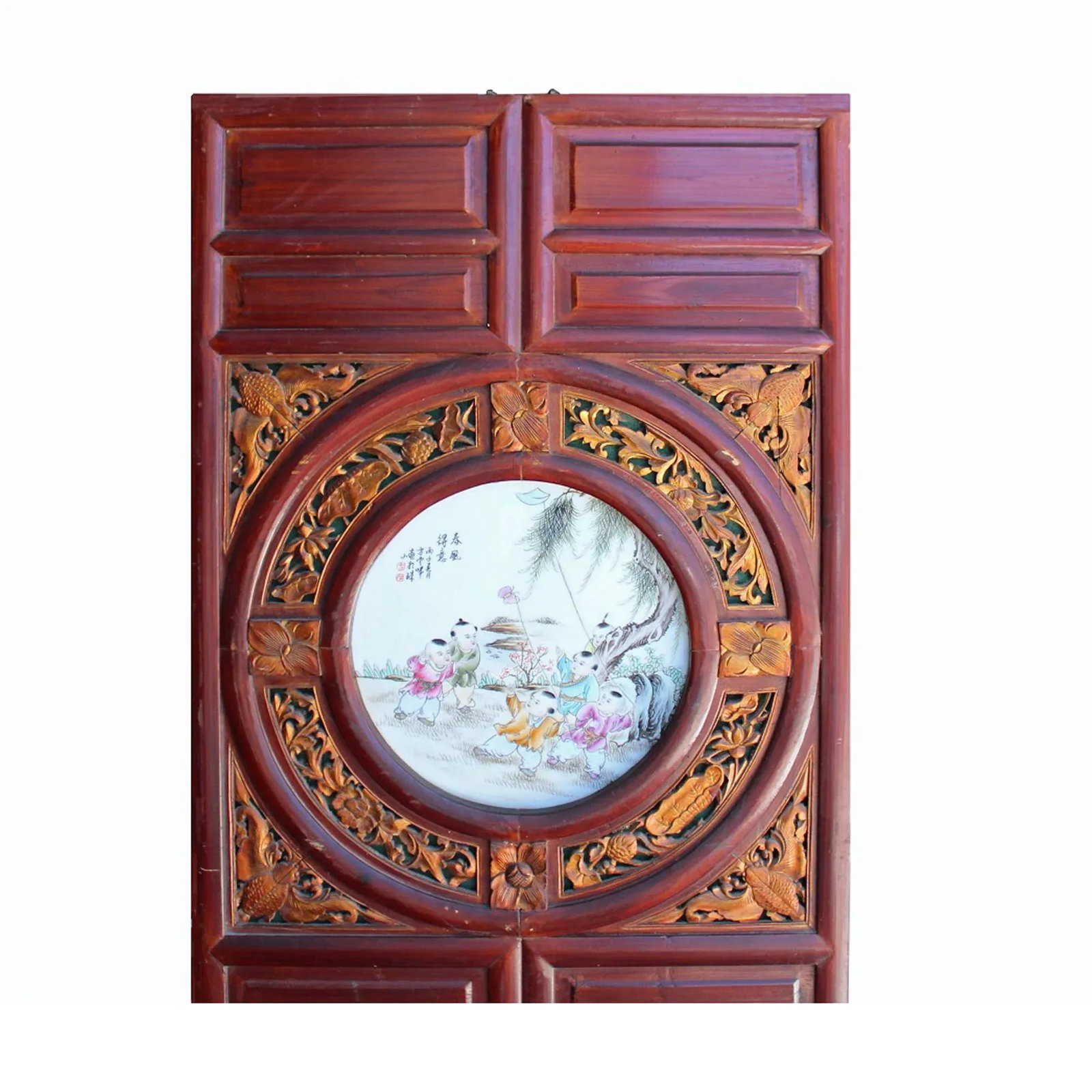 Chinese Vintage Round Porcelain Scenery Wood Wall Panel Art - 6
