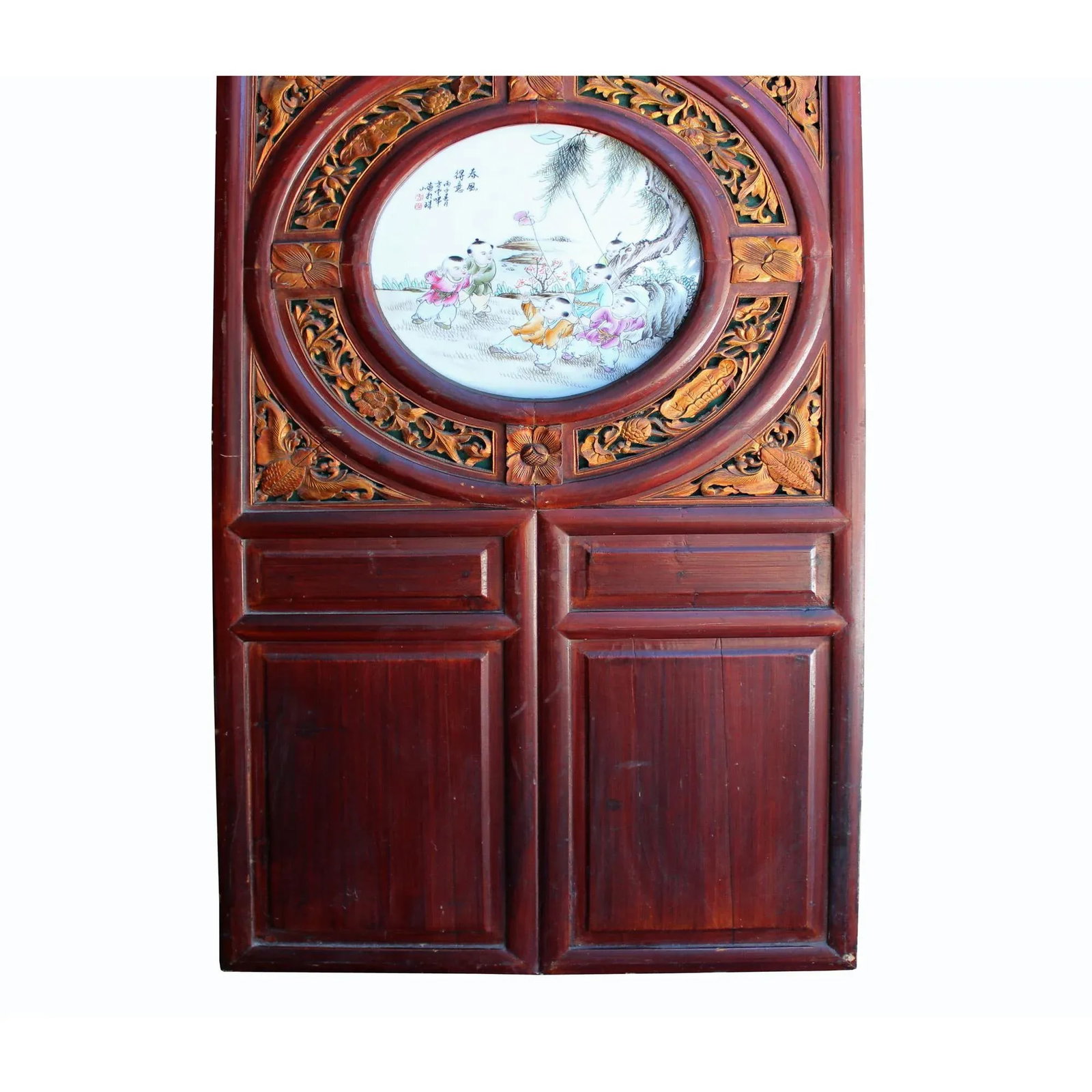 Chinese Vintage Round Porcelain Scenery Wood Wall Panel Art - 7
