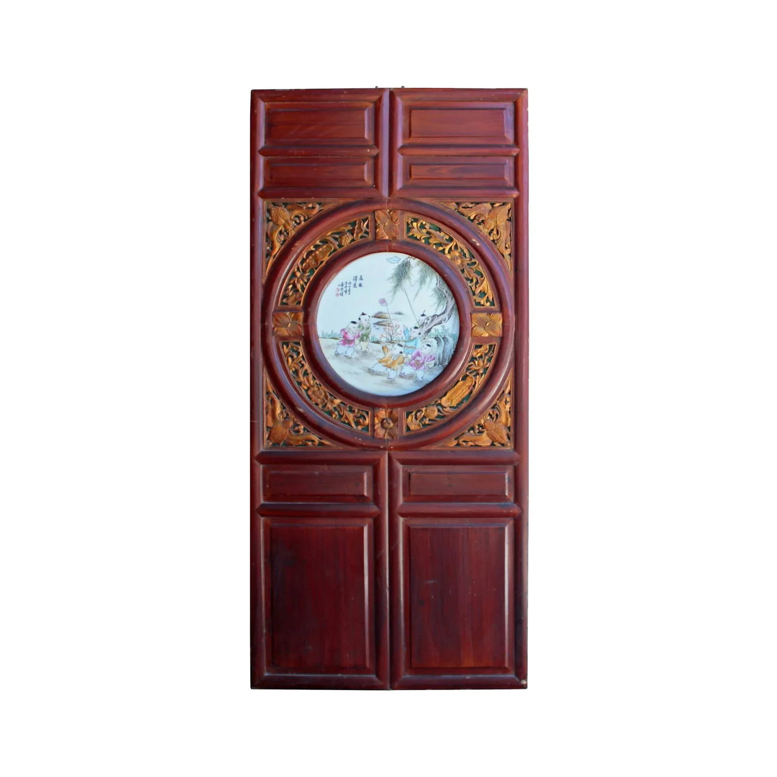 Chinese Vintage Round Porcelain Scenery Wood Wall Panel Art - 8