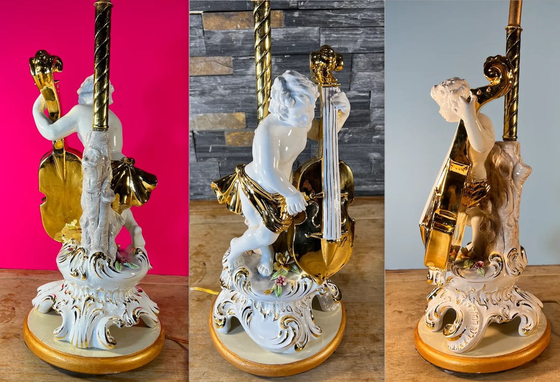 Vintage Capodimonte Porcelain Cherub With Violin Table Lamp - 11
