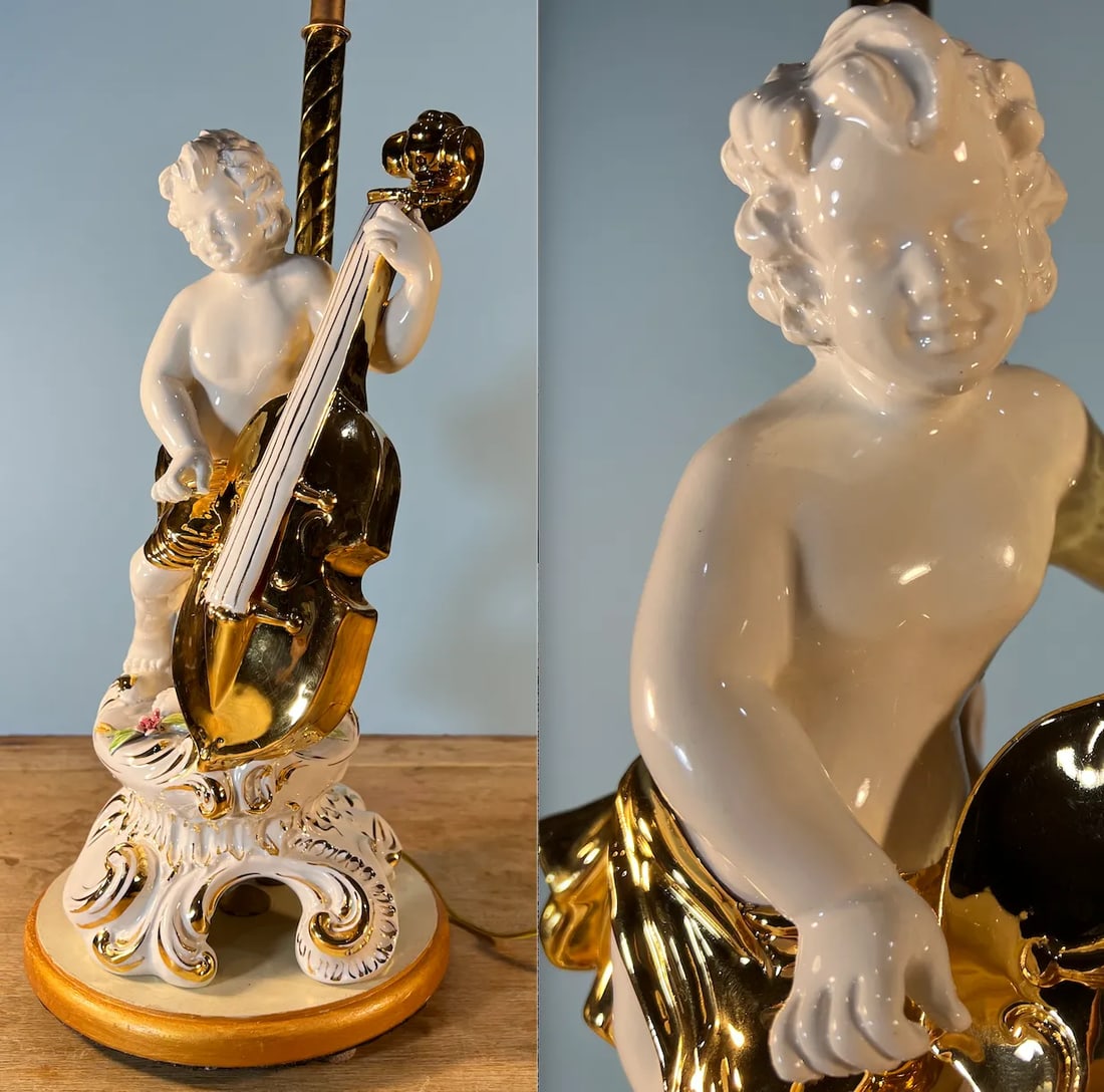 Vintage Capodimonte Porcelain Cherub With Violin Table Lamp - 4