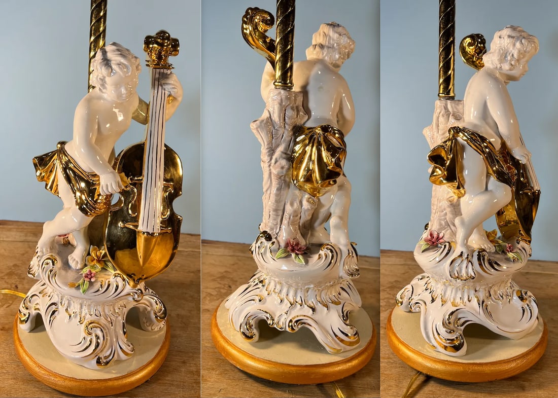 Vintage Capodimonte Porcelain Cherub With Violin Table Lamp - 7