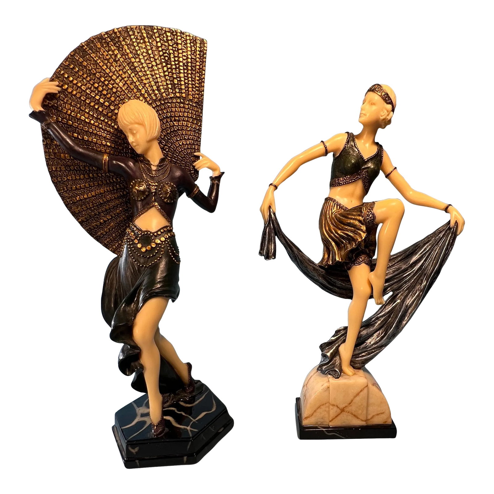 Art Deco Ivorine Figurine Dancers - a Pair: These two Art Deco figurines, crafted by the Veronese Company in 2009, are exquisite representations of the iconic aesthetic of the era. Each figurine captures the spirit of dance and movement,