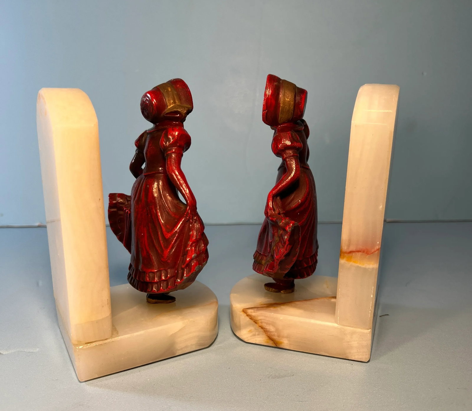 Vintage J. B.Hirsch Ivorine Alabaster Spelter Girl Curtsying Bookends- a Pair - 10