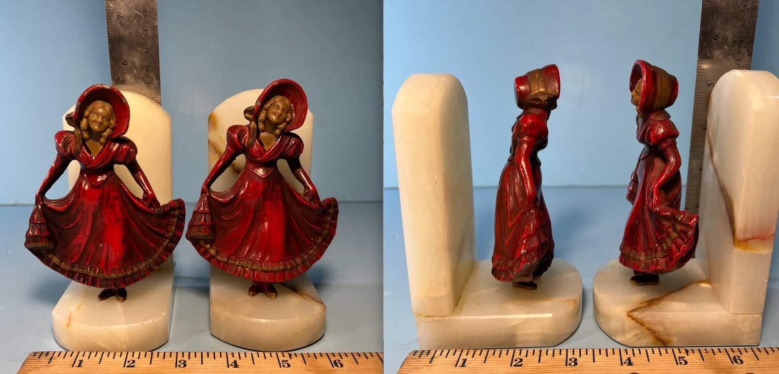 Vintage J. B.Hirsch Ivorine Alabaster Spelter Girl Curtsying Bookends- a Pair - 12