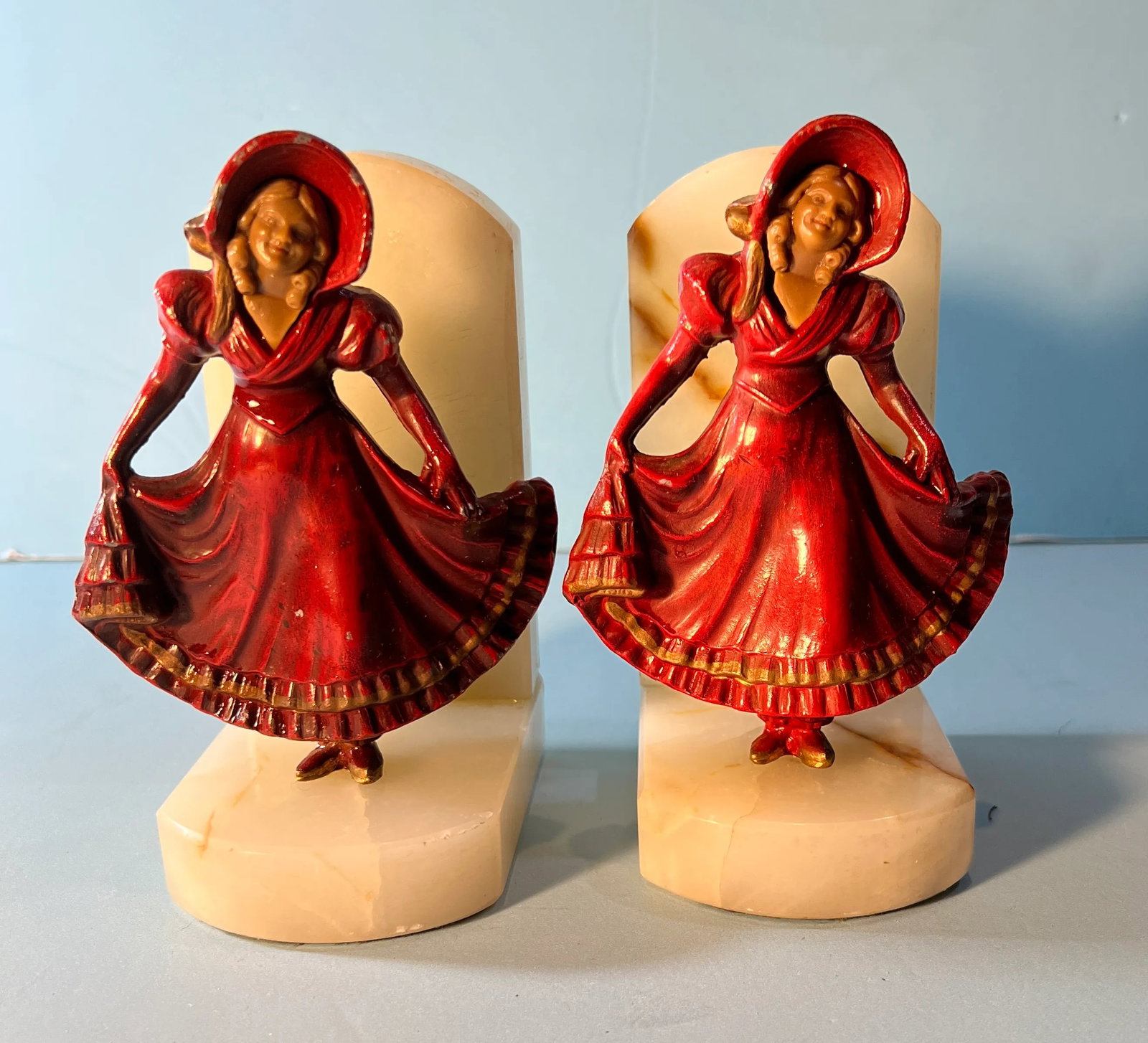 Vintage J. B.Hirsch Ivorine Alabaster Spelter Girl Curtsying Bookends- a Pair - 2
