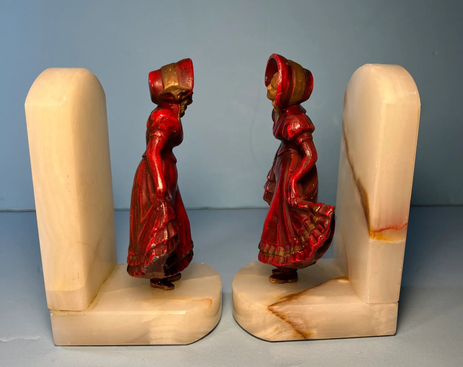Vintage J. B.Hirsch Ivorine Alabaster Spelter Girl Curtsying Bookends- a Pair - 3