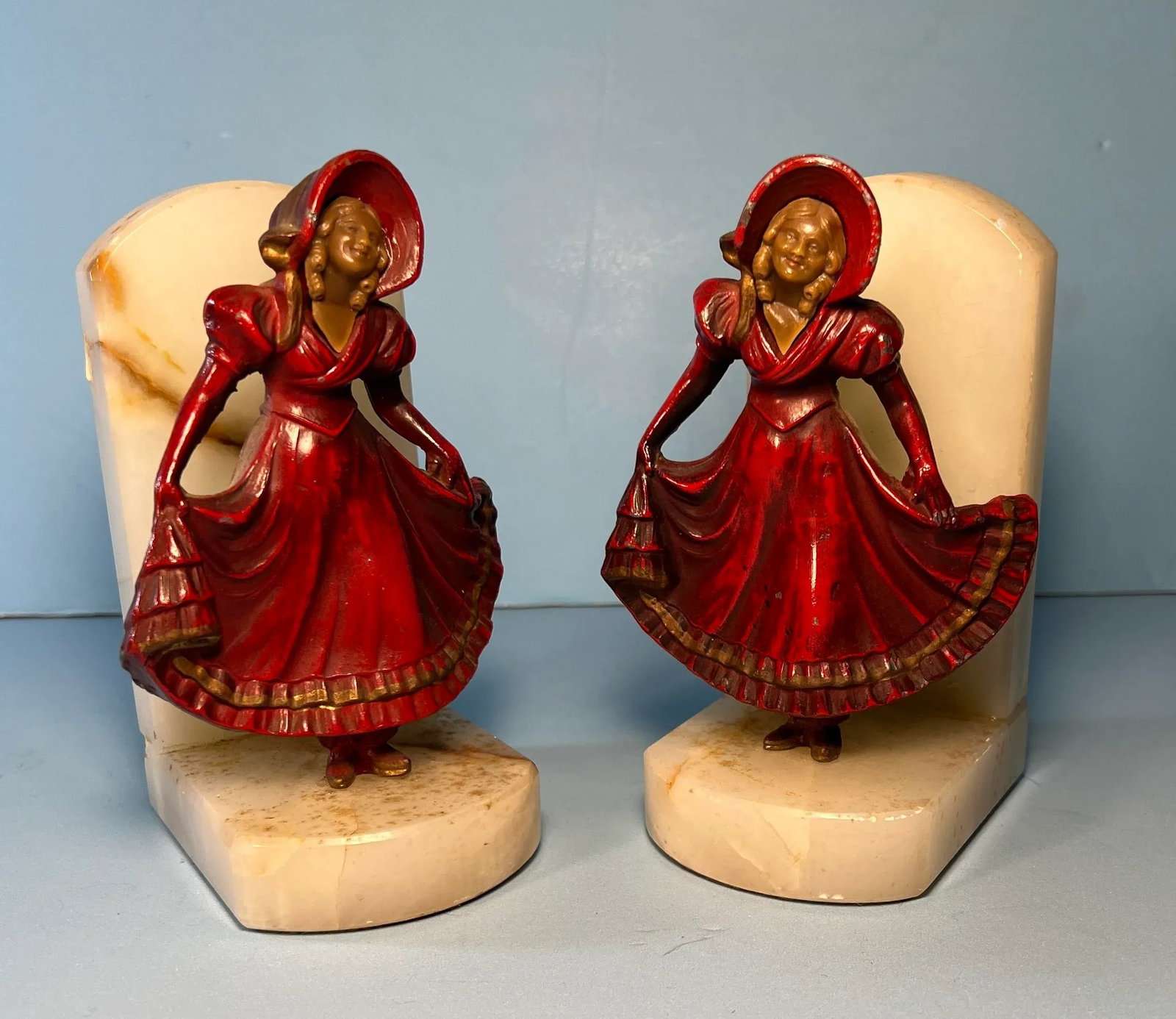 Vintage J. B.Hirsch Ivorine Alabaster Spelter Girl Curtsying Bookends- a Pair - 4
