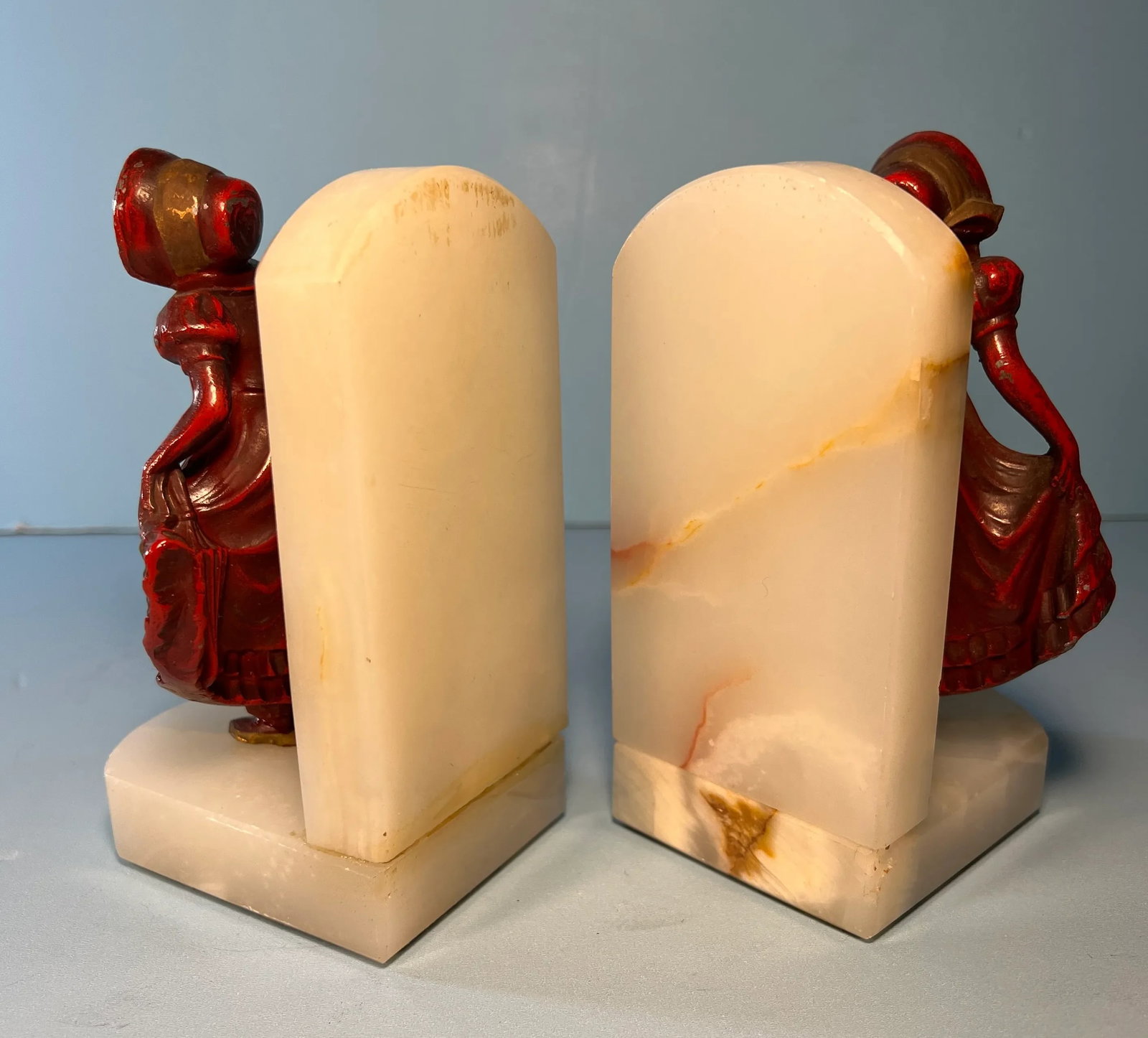 Vintage J. B.Hirsch Ivorine Alabaster Spelter Girl Curtsying Bookends- a Pair - 5