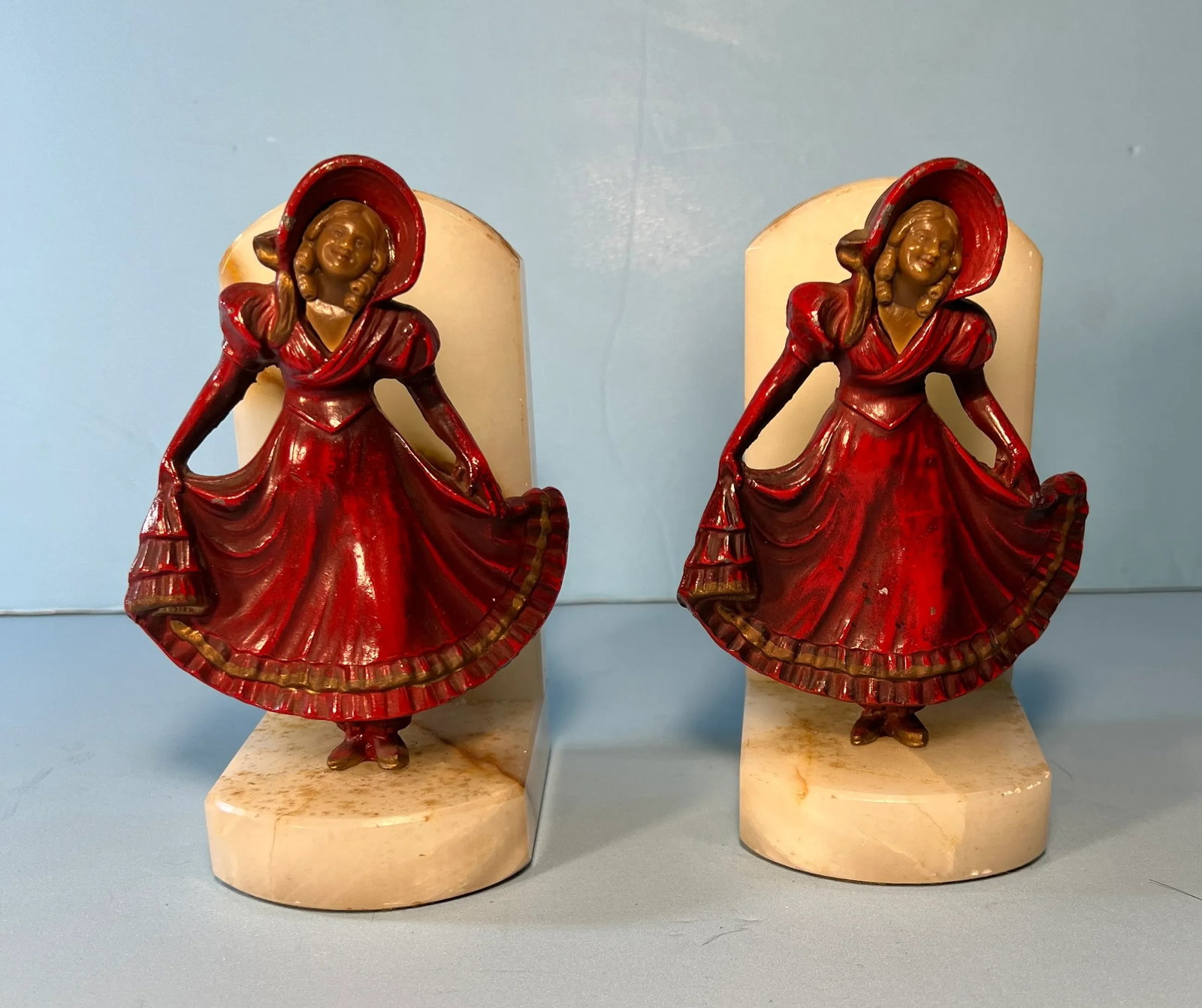 Vintage J. B.Hirsch Ivorine Alabaster Spelter Girl Curtsying Bookends- a Pair - 6