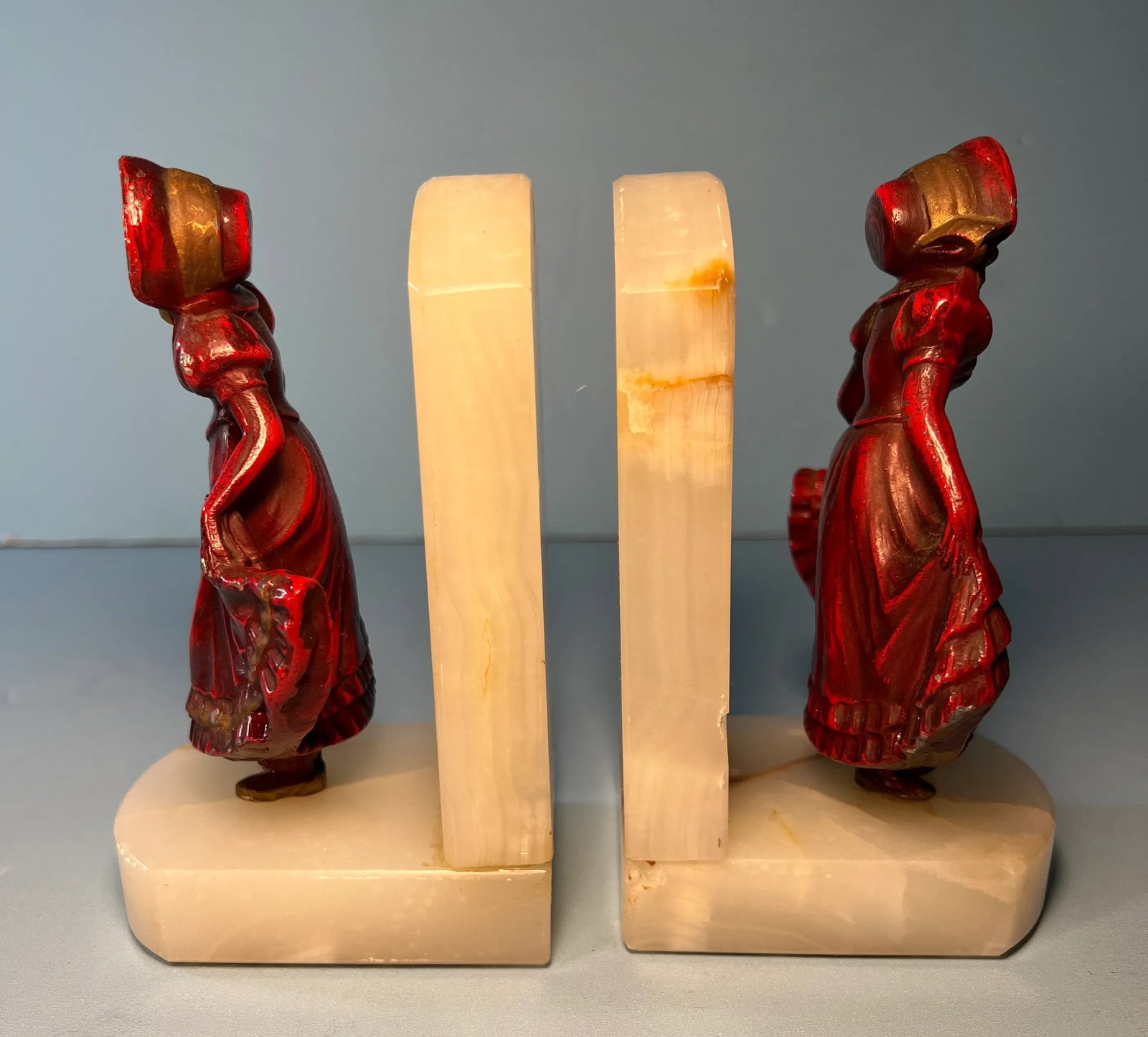 Vintage J. B.Hirsch Ivorine Alabaster Spelter Girl Curtsying Bookends- a Pair - 7