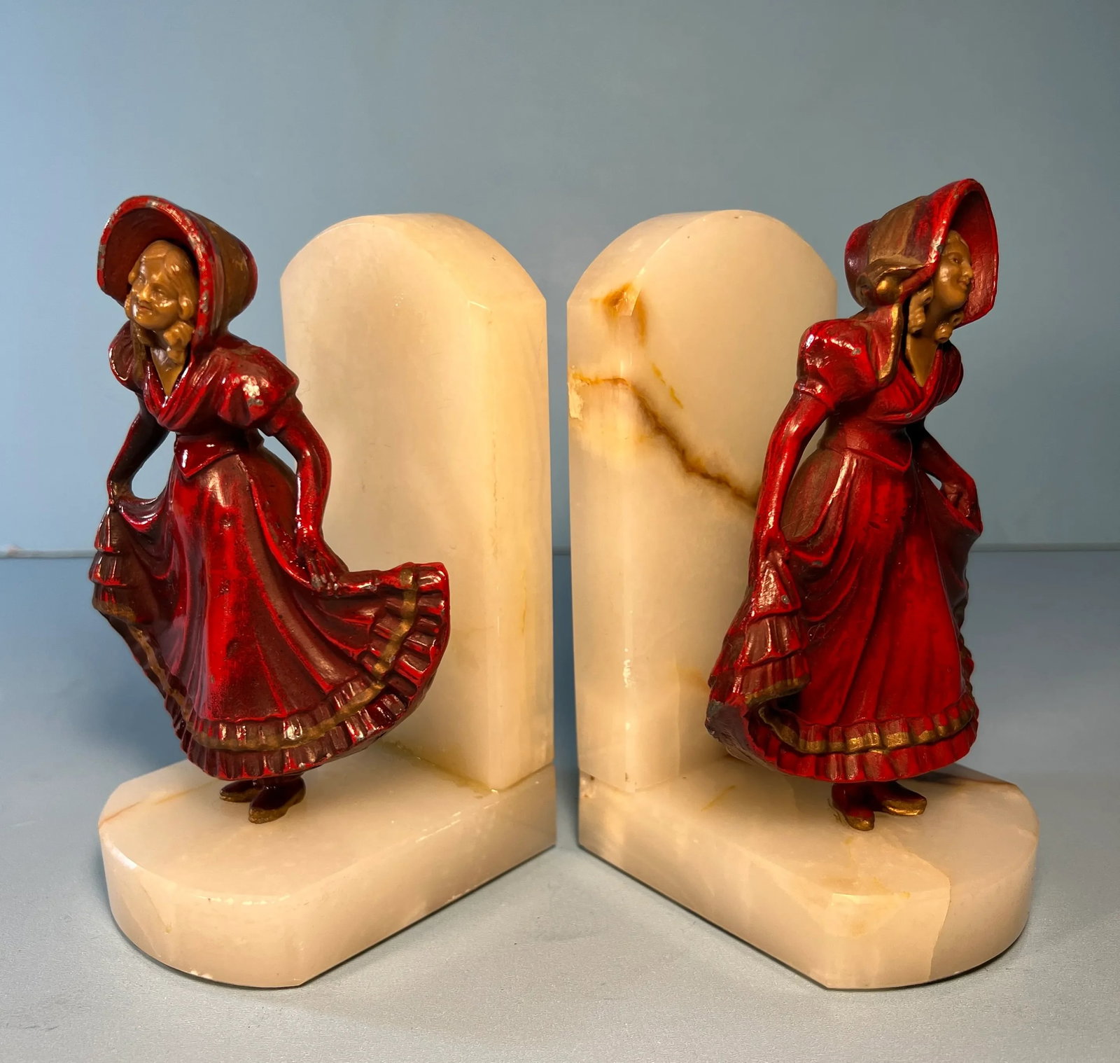 Vintage J. B.Hirsch Ivorine Alabaster Spelter Girl Curtsying Bookends- a Pair - 8