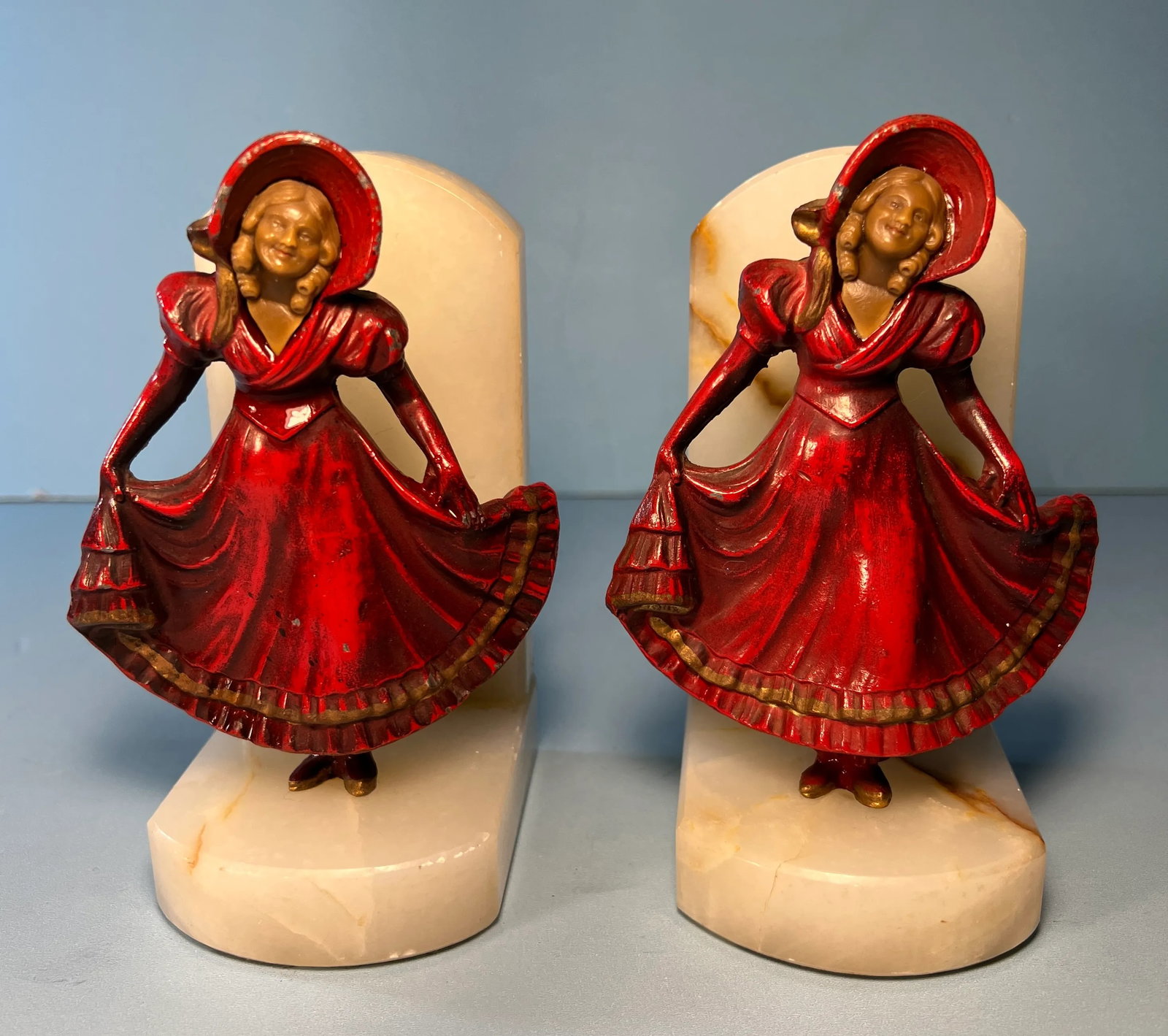 Vintage J. B.Hirsch Ivorine Alabaster Spelter Girl Curtsying Bookends- a Pair - 9