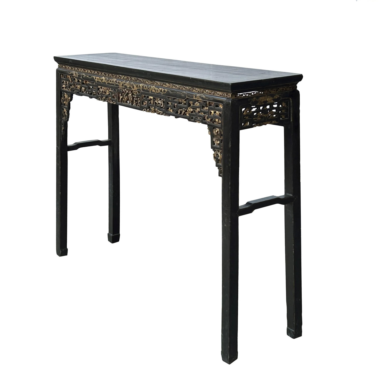 Chinese Vintage Black Golden Carving Motif Tall Altar Console Table - 5