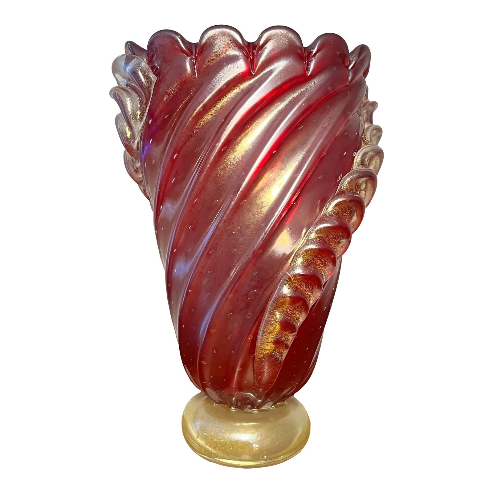 Mid 20th Century Murano-Ercole Barovier Bullicante Ruby Vase, Unmarked: Beautiful piece and coloring that feels as if it's speaking to the avant-gard period. I love the twisted rib detail and how the base is gold in color highlighting the red in the body. Great