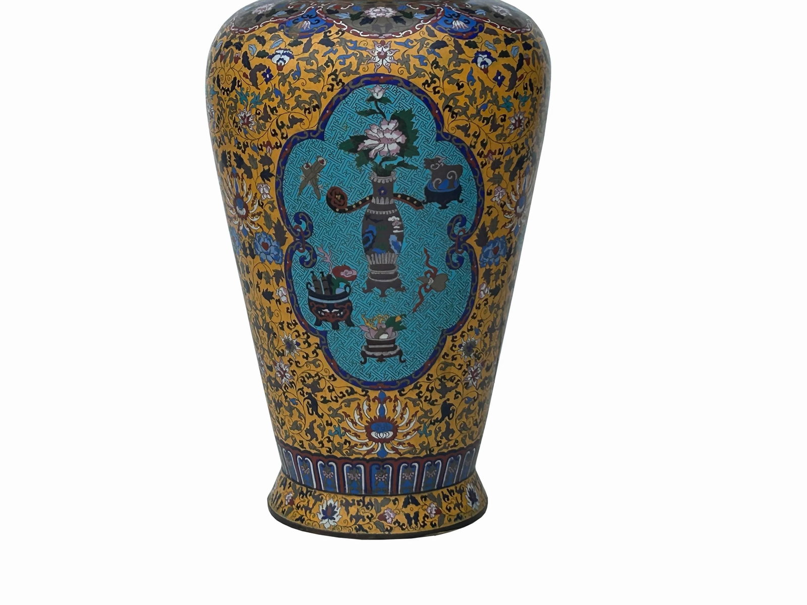 Vintage Chinese Large Yellow Treasure Motif Metal Cloisonne Enamel Jar - 10