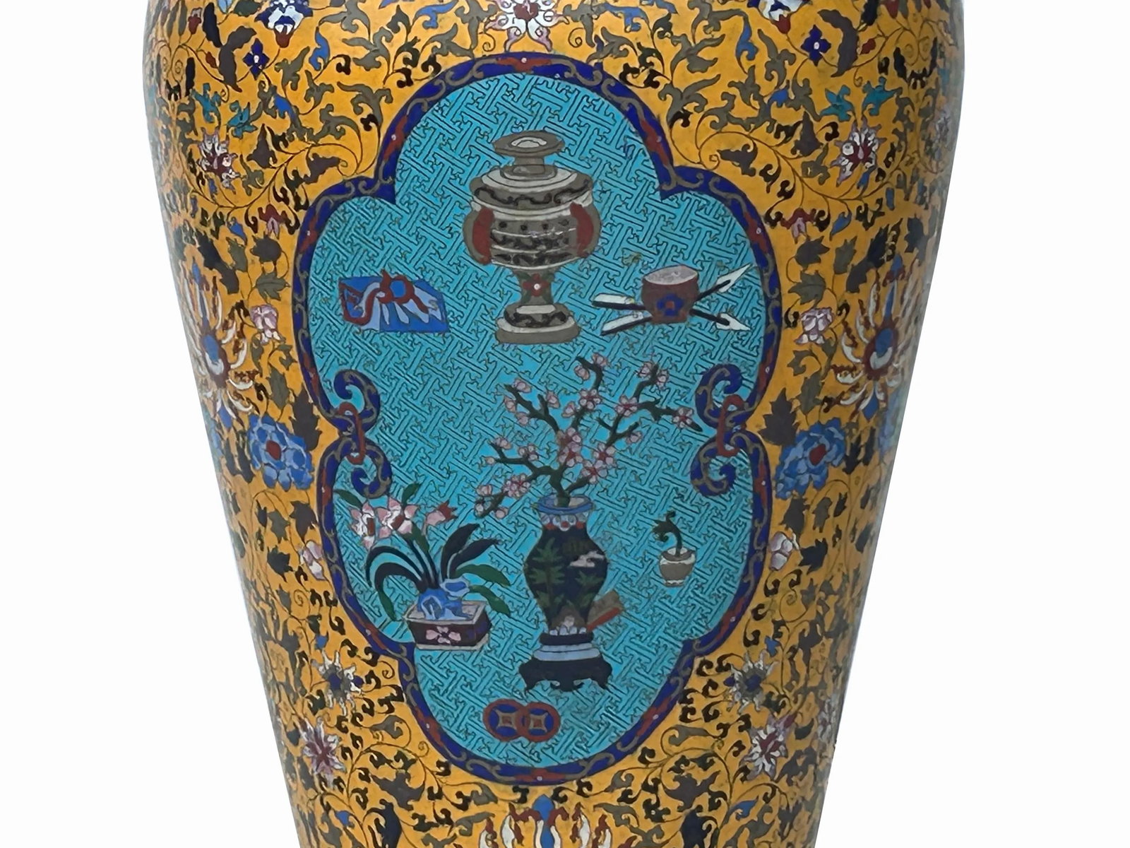 Vintage Chinese Large Yellow Treasure Motif Metal Cloisonne Enamel Jar - 11