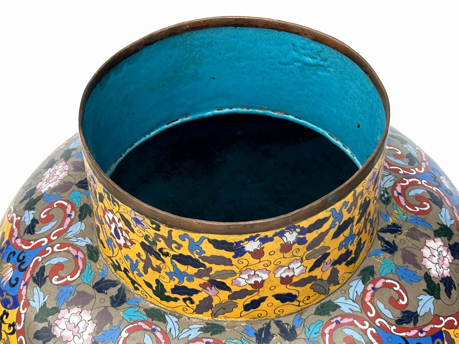Vintage Chinese Large Yellow Treasure Motif Metal Cloisonne Enamel Jar - 12