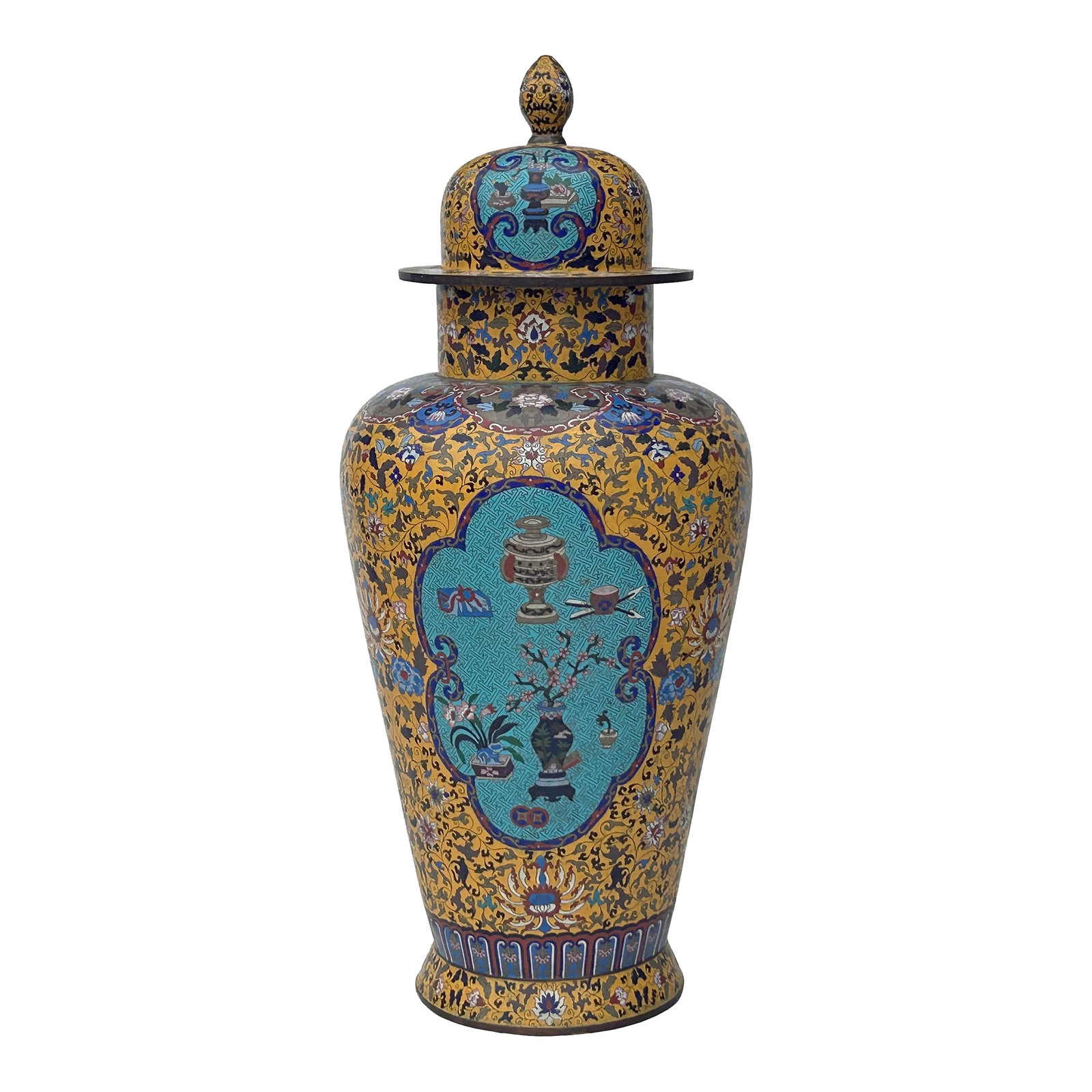 Vintage Chinese Large Yellow Treasure Motif Metal Cloisonne Enamel Jar: This Vintage Chinese Large Yellow Treasure Motif Metal Cloisonne Enamel Jar is a stunning piece of artistry and craftsmanship. The jar features a vibrant yellow enamel base adorned with intricate