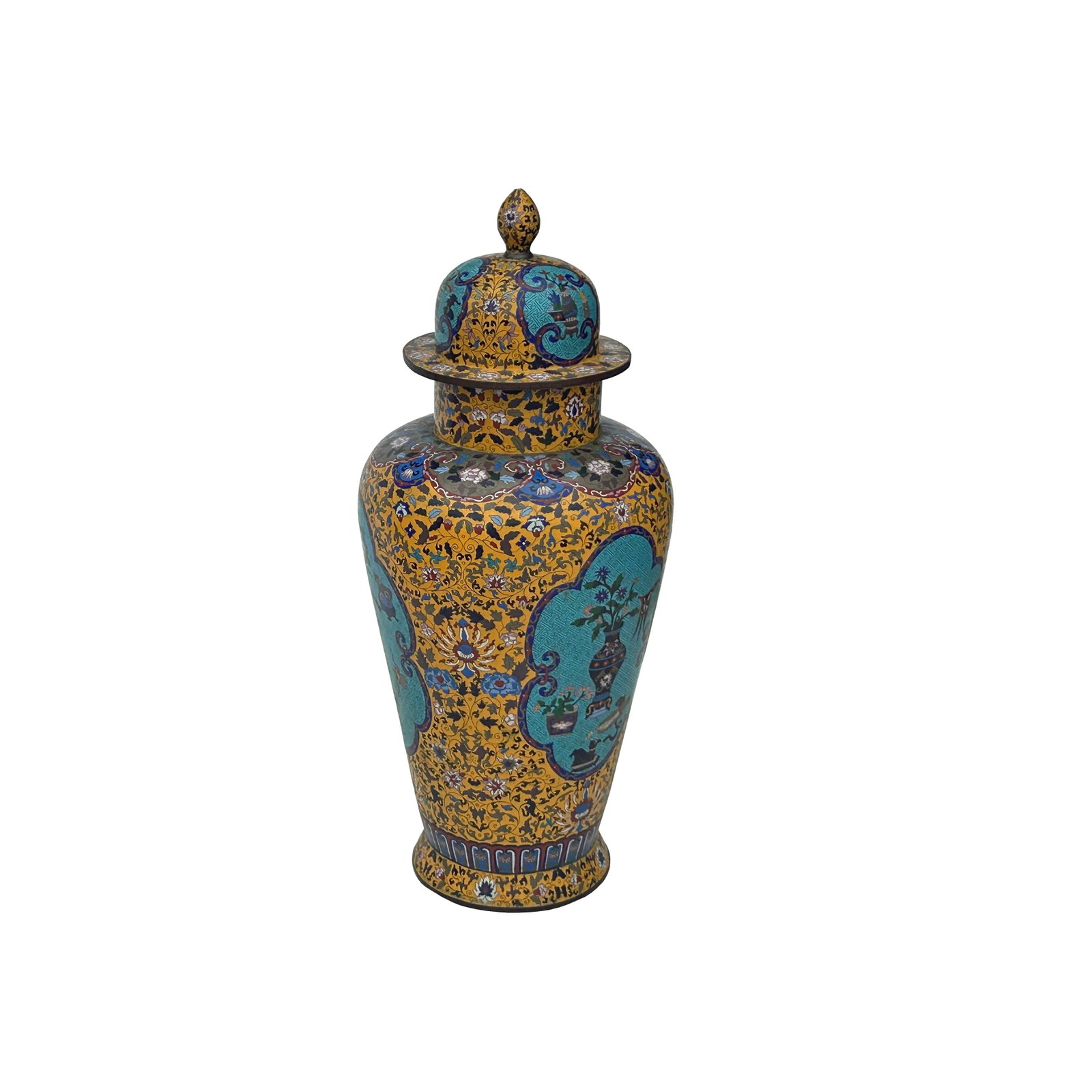 Vintage Chinese Large Yellow Treasure Motif Metal Cloisonne Enamel Jar - 2