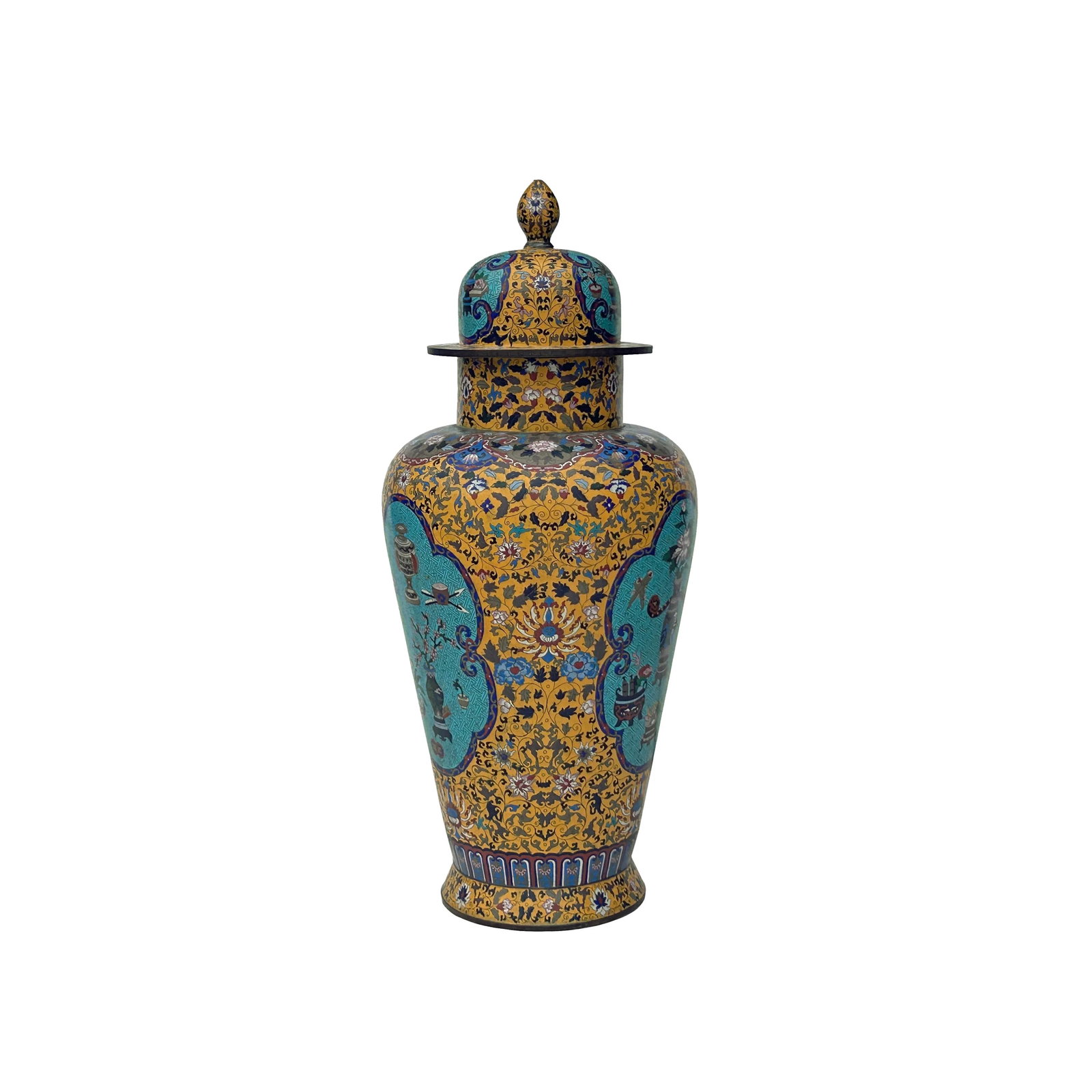 Vintage Chinese Large Yellow Treasure Motif Metal Cloisonne Enamel Jar - 3
