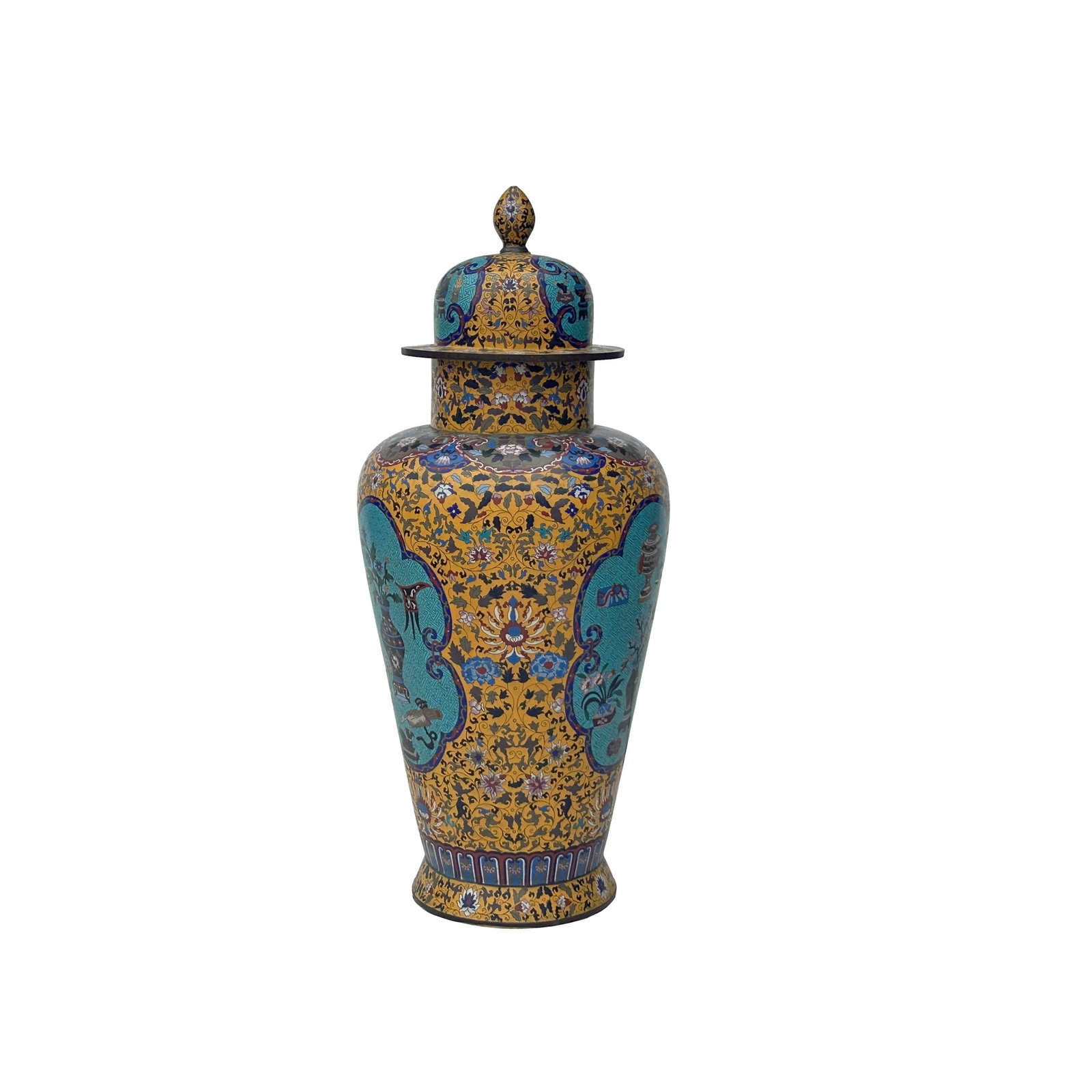 Vintage Chinese Large Yellow Treasure Motif Metal Cloisonne Enamel Jar - 5