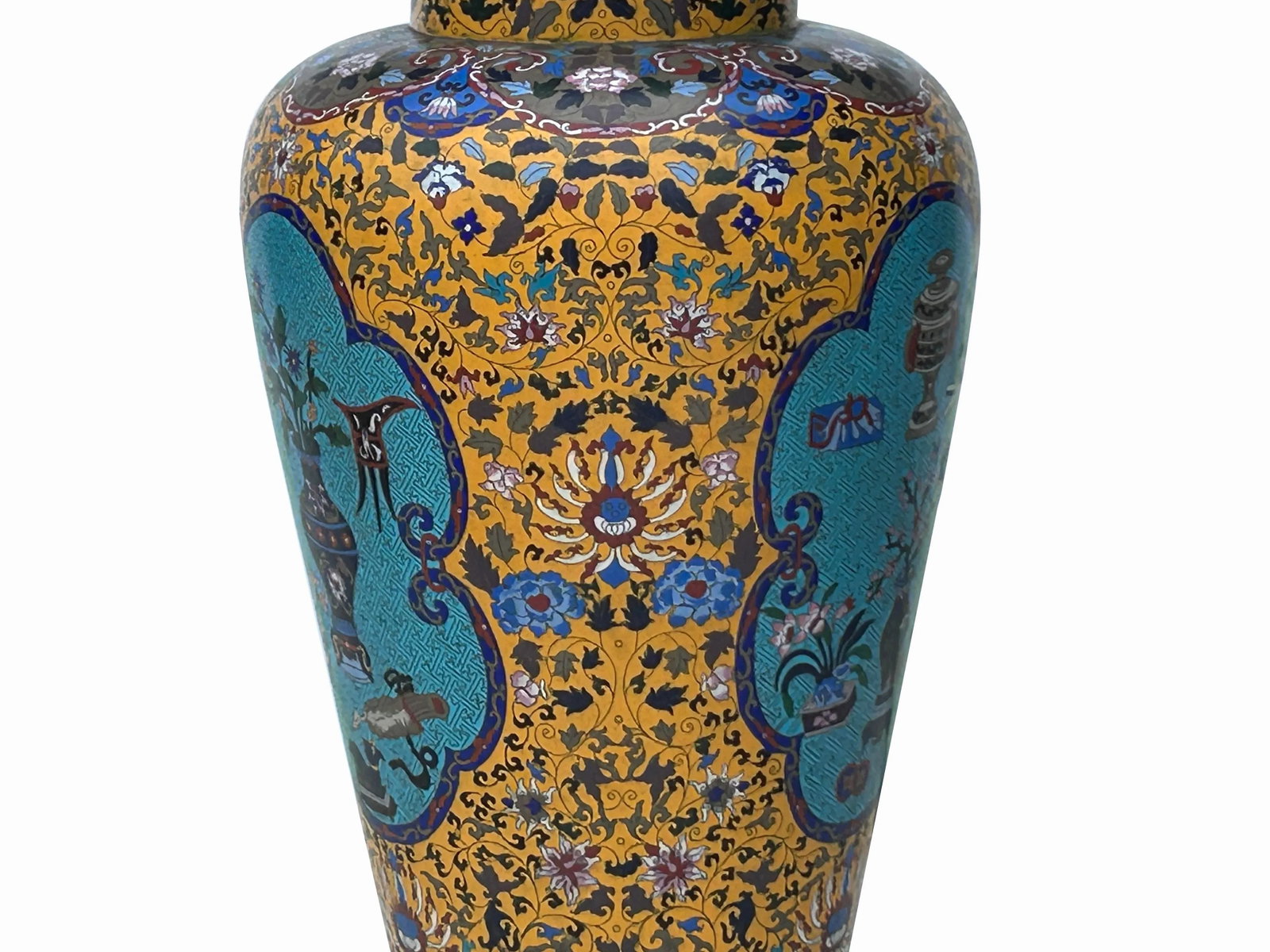 Vintage Chinese Large Yellow Treasure Motif Metal Cloisonne Enamel Jar - 9