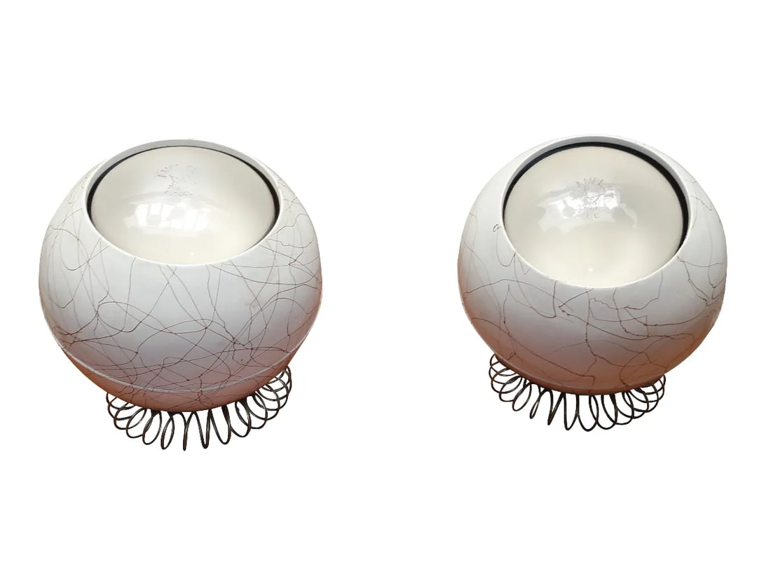 Mid-Century Eyeball White Table Lamps - A Pair: Groovy pair of white with splattered gold eyeball table lamps. They take standard size bulbs (pictured with flood lights because they work great as accent lights to shine onto art etc.). The balls