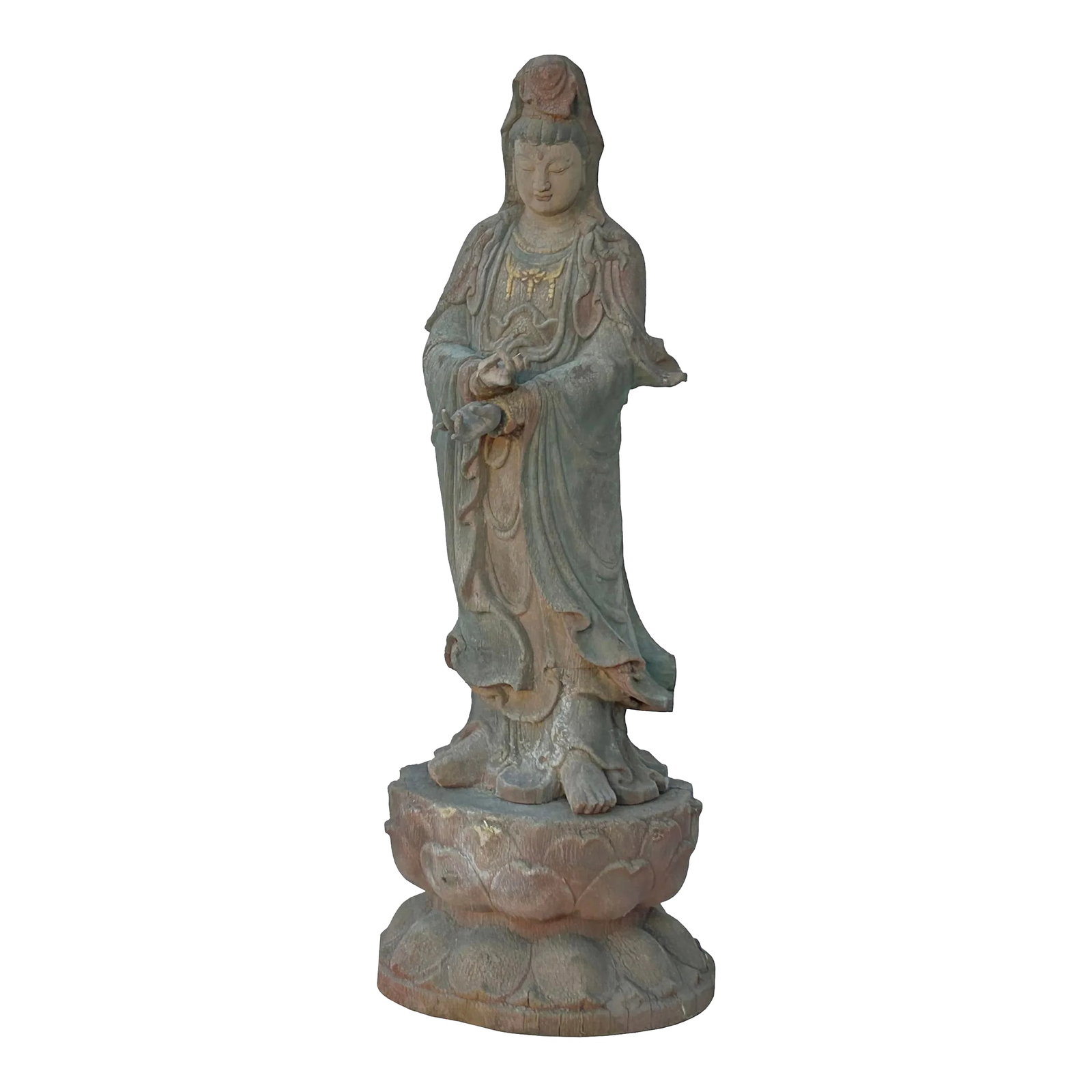 Vintage Rustic Wood Apana Mudra Standing Bodhisattva Guan Yin Statue: The Vintage Rustic Wood Apana Mudra Standing Bodhisattva Guan Yin Statue is a captivating piece that seamlessly blends artistry, spirituality, and antiquity. Crafted with meticulous attention to detai