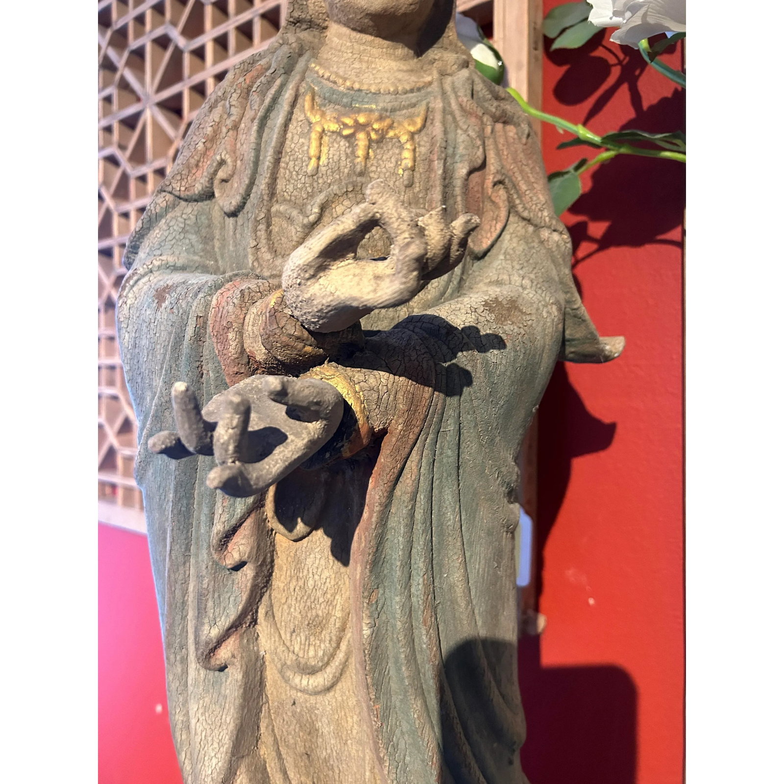 Vintage Rustic Wood Apana Mudra Standing Bodhisattva Guan Yin Statue - 9