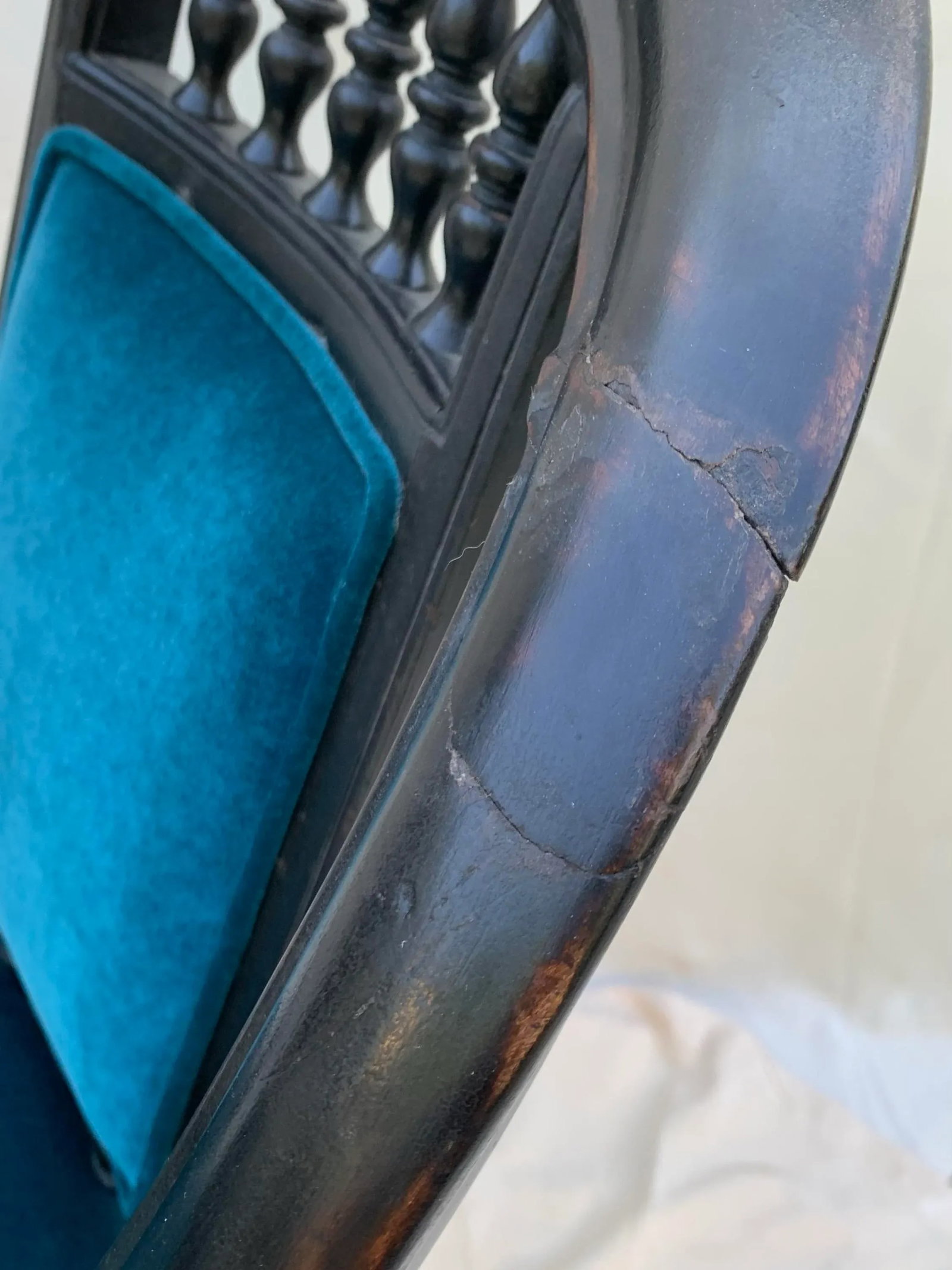 Early 20th Century Victorian Hand Carved Wood Framed Chairs With Blue Velvet Upholstery- a Pair - 12