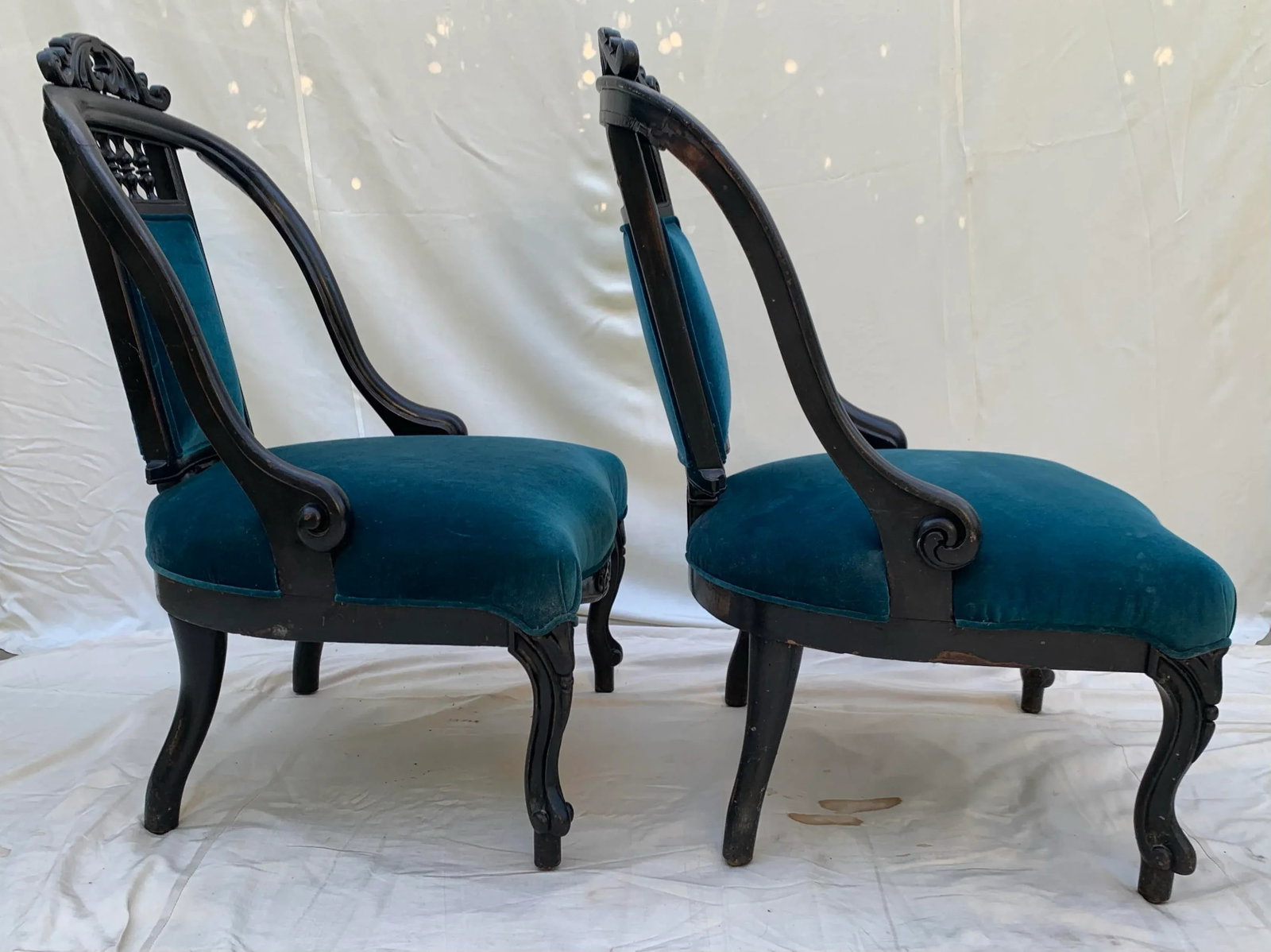 Early 20th Century Victorian Hand Carved Wood Framed Chairs With Blue Velvet Upholstery- a Pair - 3