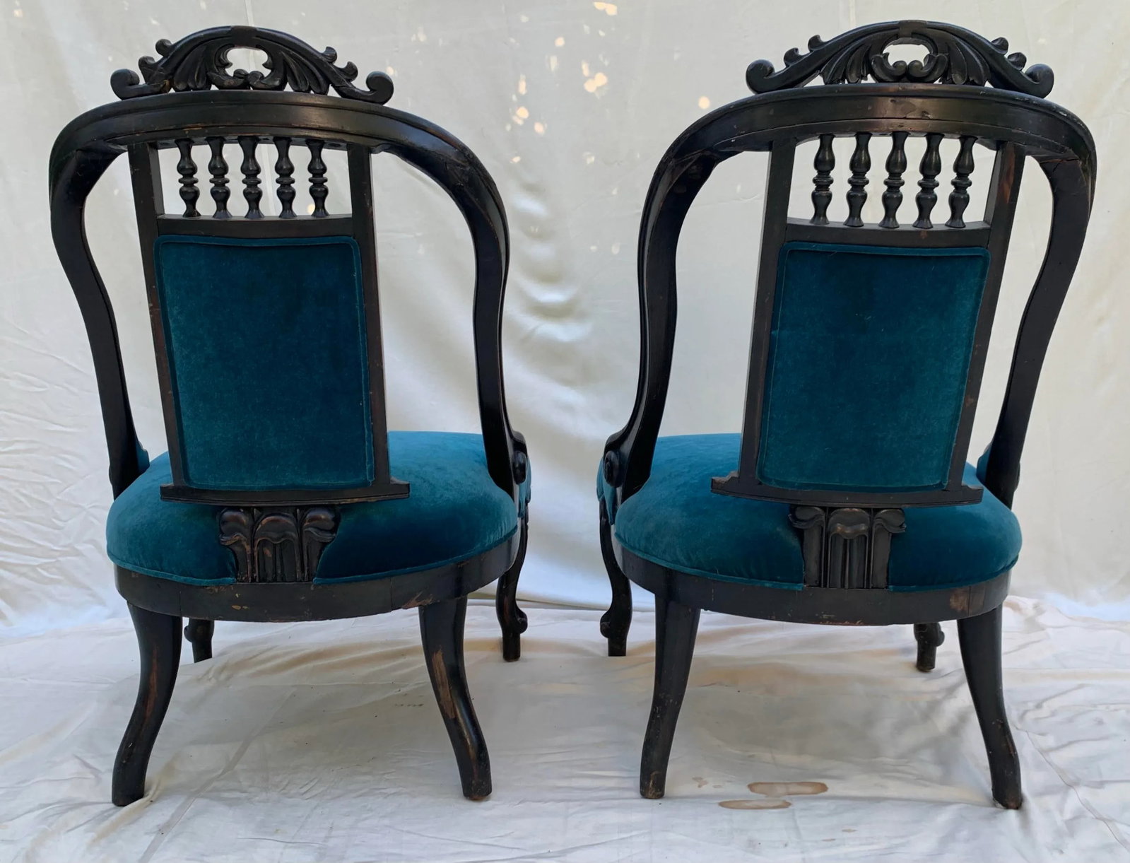 Early 20th Century Victorian Hand Carved Wood Framed Chairs With Blue Velvet Upholstery- a Pair - 4