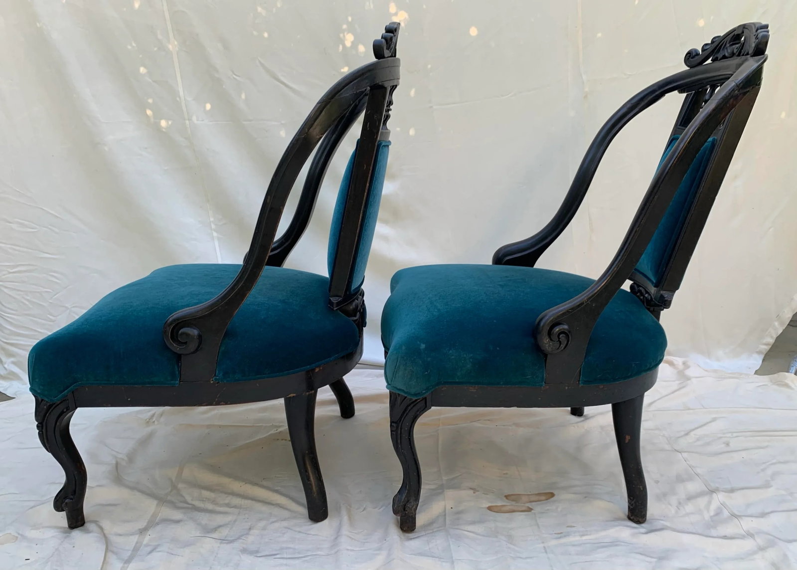 Early 20th Century Victorian Hand Carved Wood Framed Chairs With Blue Velvet Upholstery- a Pair - 6