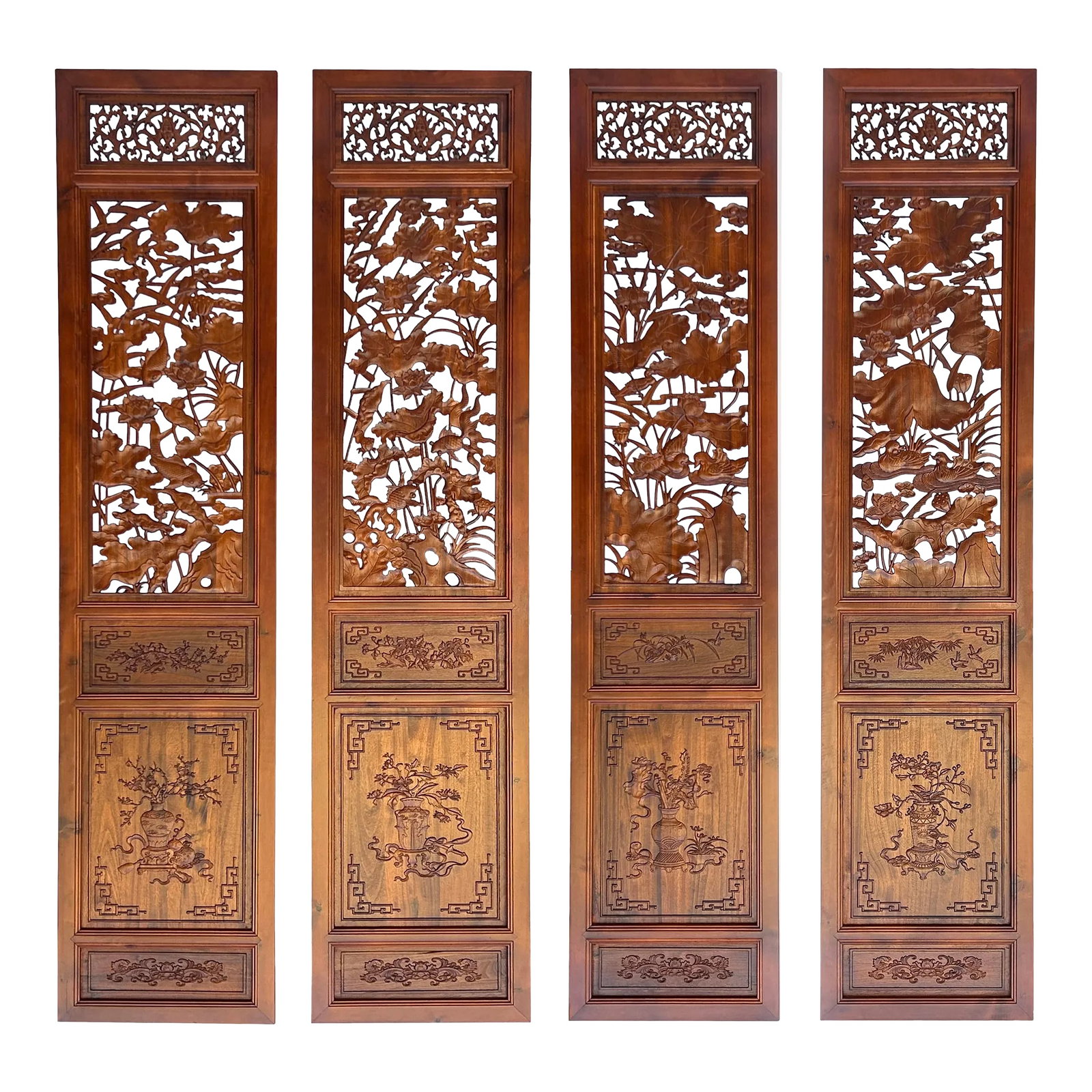 4 Pcs Chinese Brown Stain Lotus Pond Ducks Fishes Wood Panel Floor Screen (1 of 9)