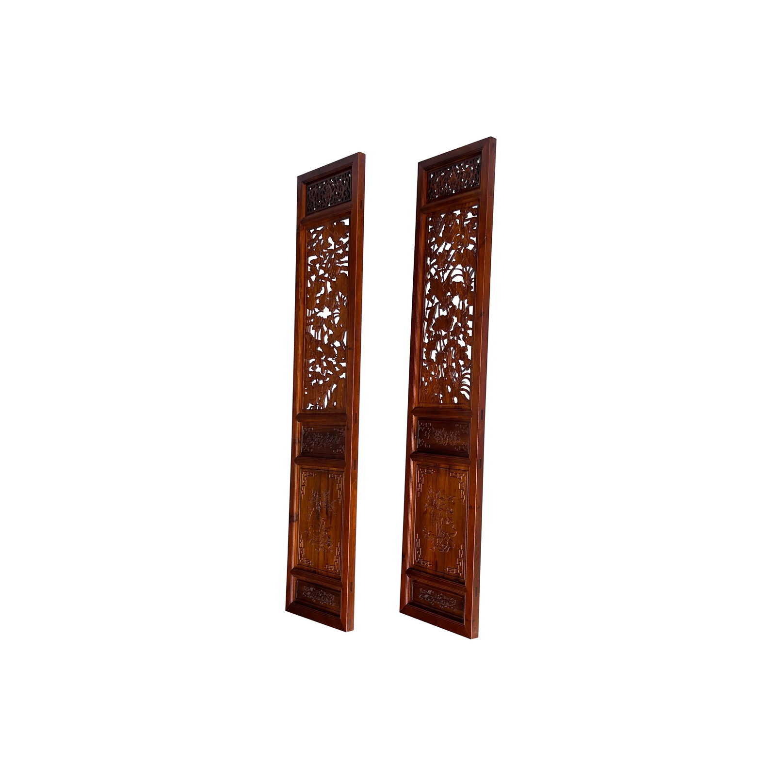 4 Pcs Chinese Brown Stain Lotus Pond Ducks Fishes Wood Panel Floor Screen - 2