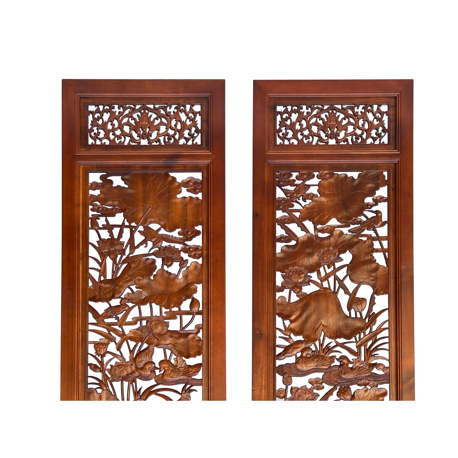 4 Pcs Chinese Brown Stain Lotus Pond Ducks Fishes Wood Panel Floor Screen - 3